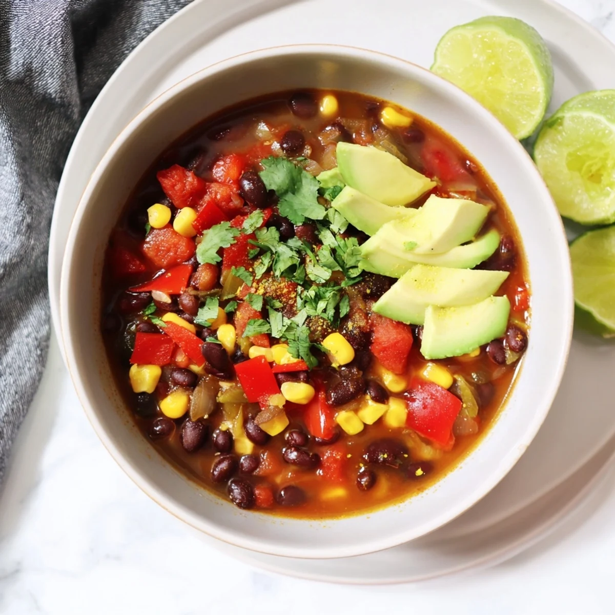 Close-up of the Black Bean Corn Chili Lime Delight, highlighting colorful ingredients and steam rising from the surface.