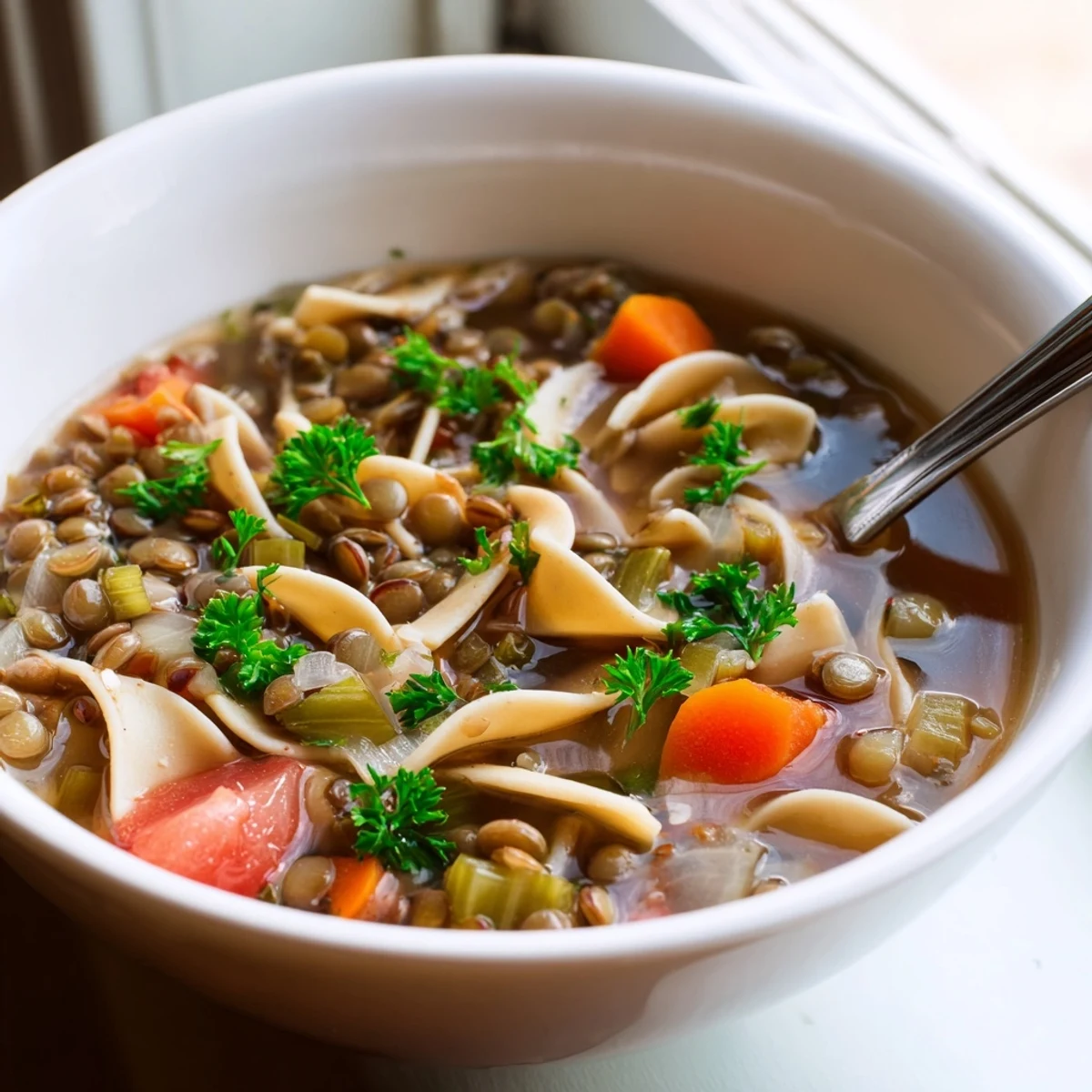 A warm bowl of Lentil Noodle Soup garnished with fresh parsley and a lemon wedge.