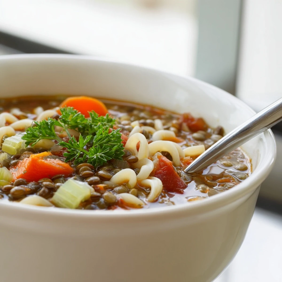 Lentil Noodle Soup simmering in a pot with tender noodles and colorful carrots and onions.