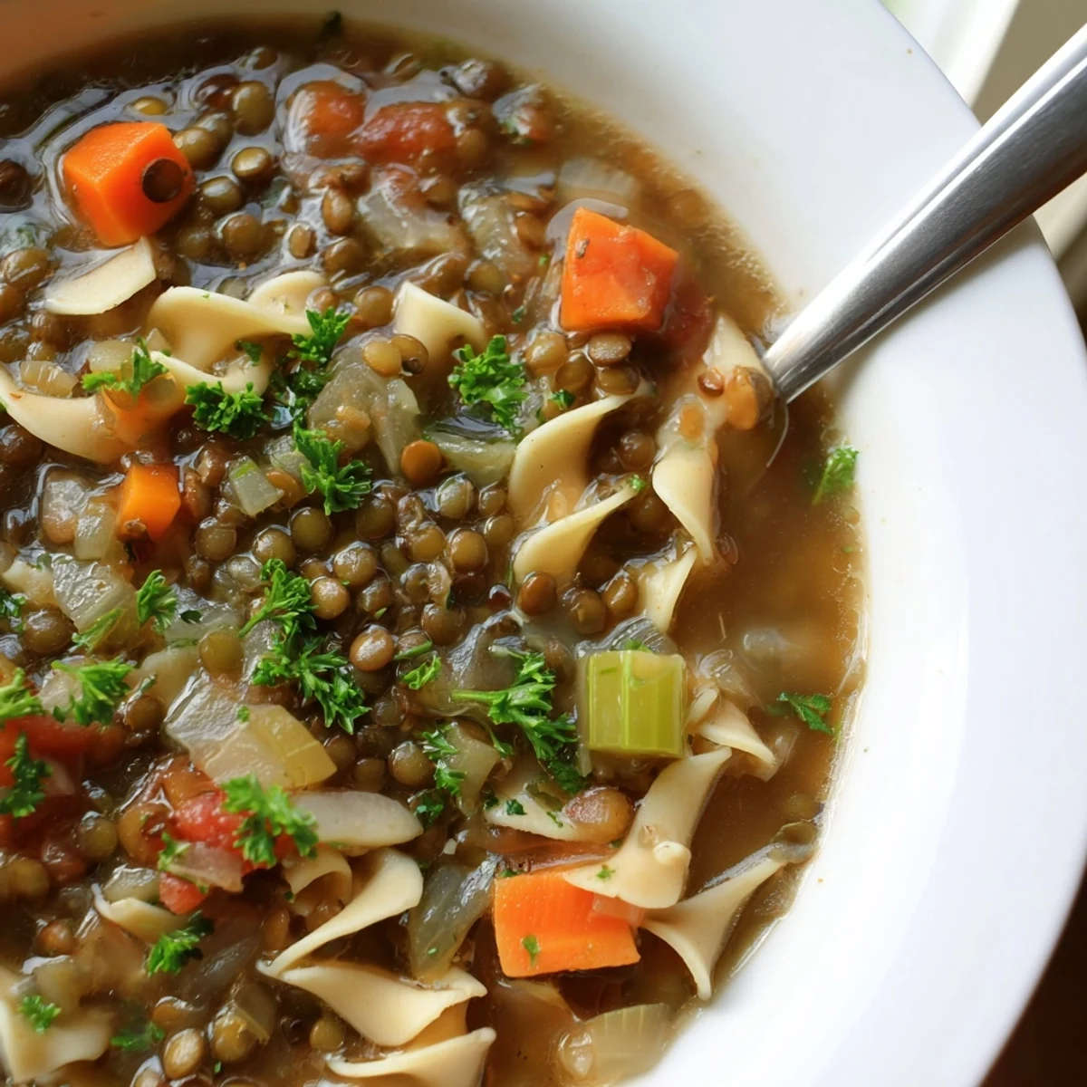 Hearty Lentil Noodle Soup served in a rustic bowl, perfect for a cozy vegetarian dinner.