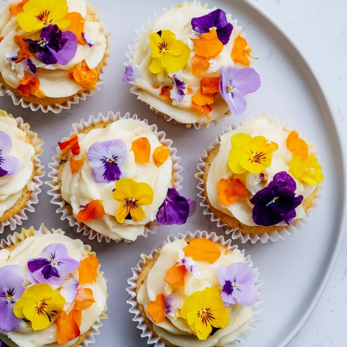 Delicate Wild Flower Cupcakes topped with light buttercream and edible spring blossoms