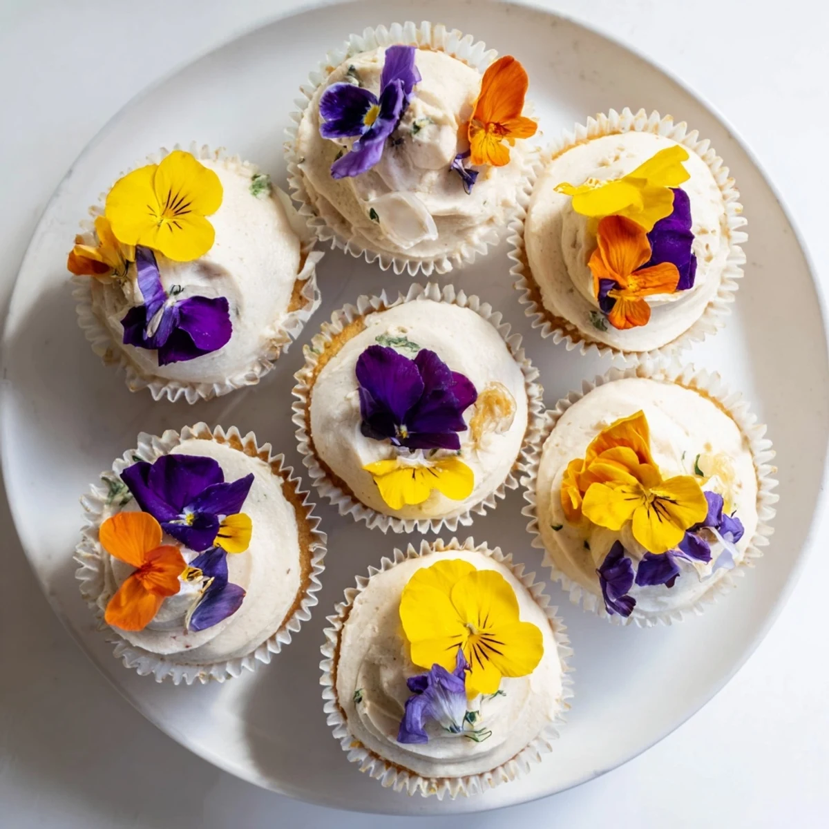 A close-up of Wild Flower Cupcakes with vibrant petals and soft vanilla frosting