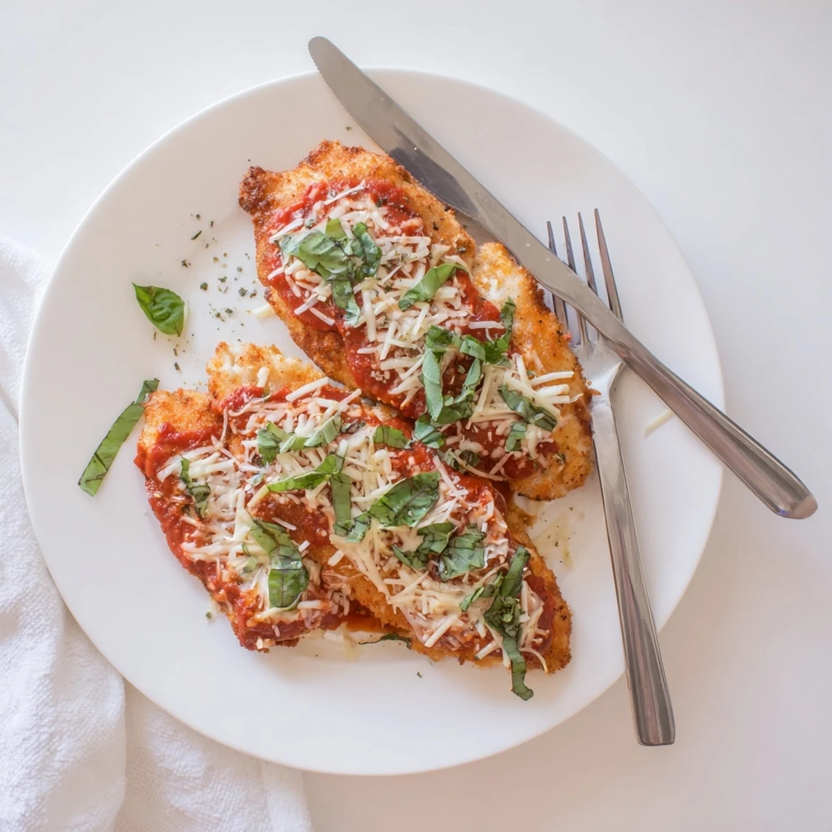 Golden-brown chicken breasts topped with bubbly mozzarella and rich marinara in the Amazing 15 Minute Keto Chicken Parmesan, served on a white plate with fresh basil.