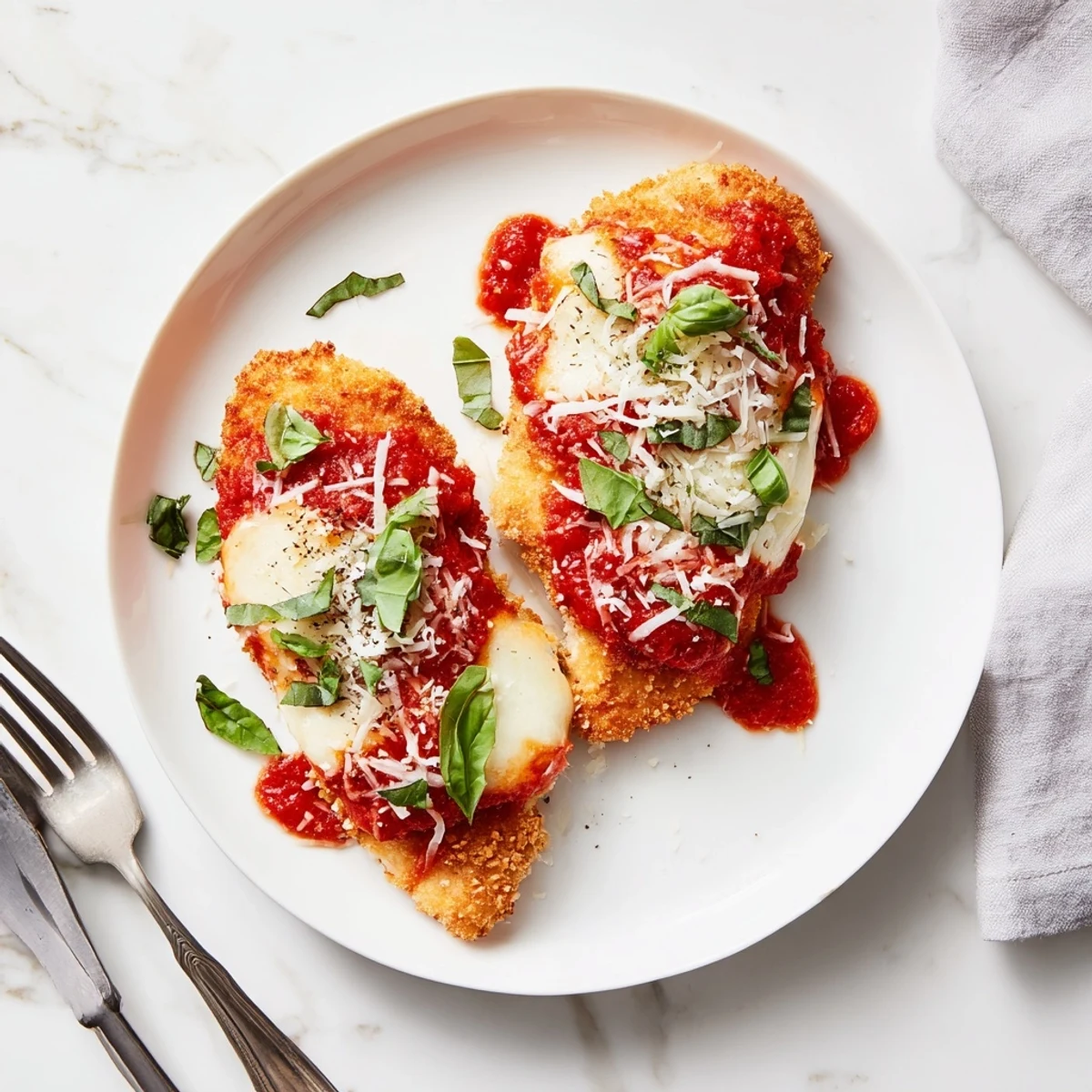 A close-up of the Amazing 15 Minute Keto Chicken Parmesan showing melted cheese pull and zucchini noodles on the side for a low-carb meal.