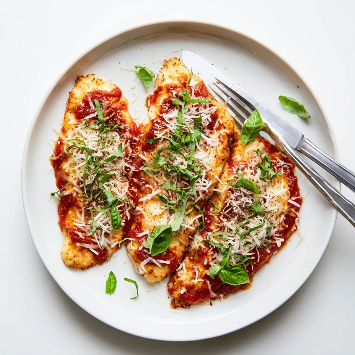 The Amazing 15 Minute Keto Chicken Parmesan plated with a fresh green salad, highlighting the golden crust and vibrant red tomato sauce.