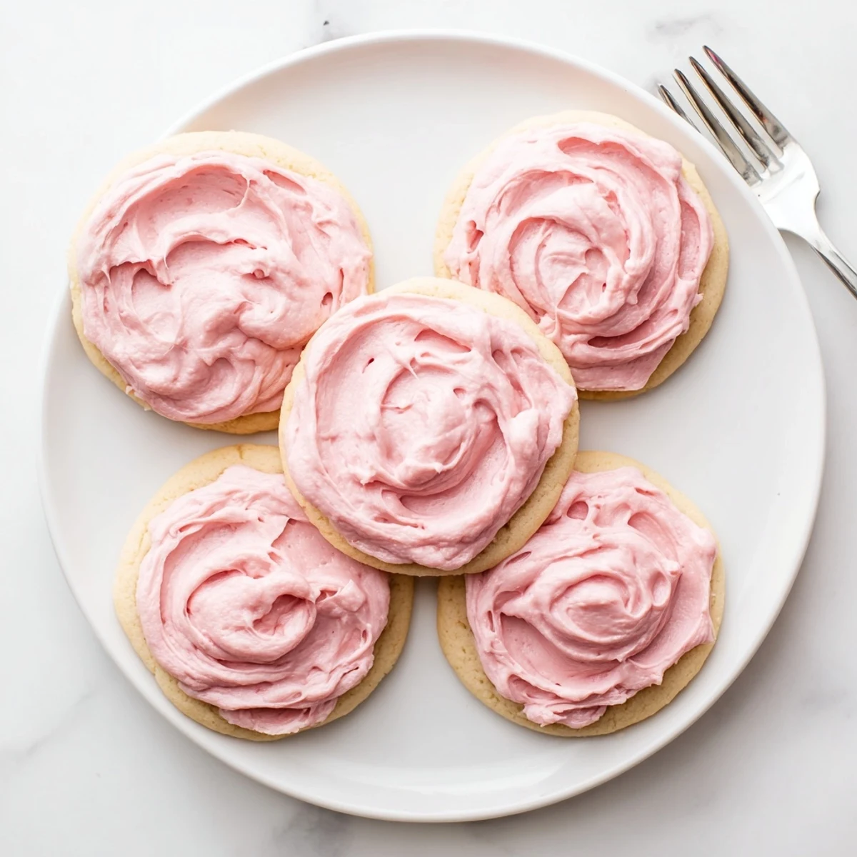 Thick, bakery-style Crumbl Sugar Cookies with swirls of creamy pink frosting and a chewy texture.