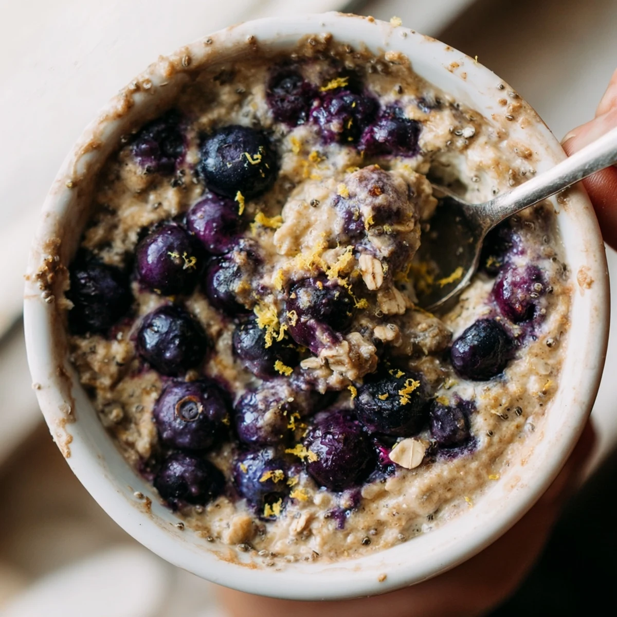 Freshly baked Baked Blueberry Cottage Cheese Breakfast Bowls with warm, juicy blueberries and creamy cottage cheese, ready to serve with a drizzle of honey.