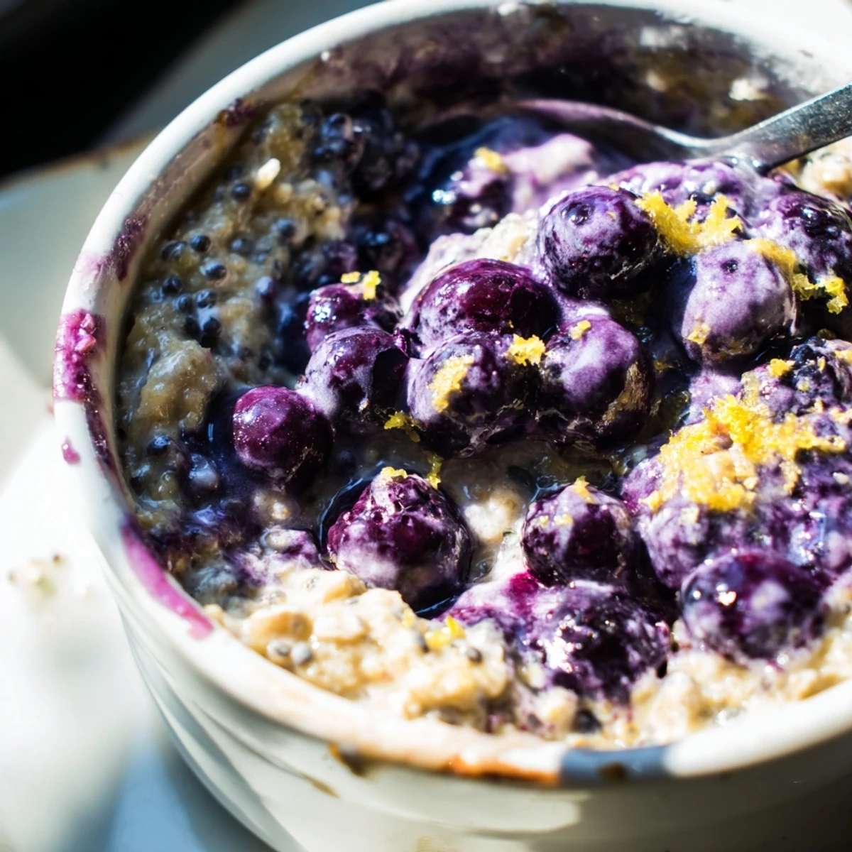 Golden-topped Baked Blueberry Cottage Cheese Breakfast Bowls sit on a counter next to a glass of orange juice for a perfect morning meal.