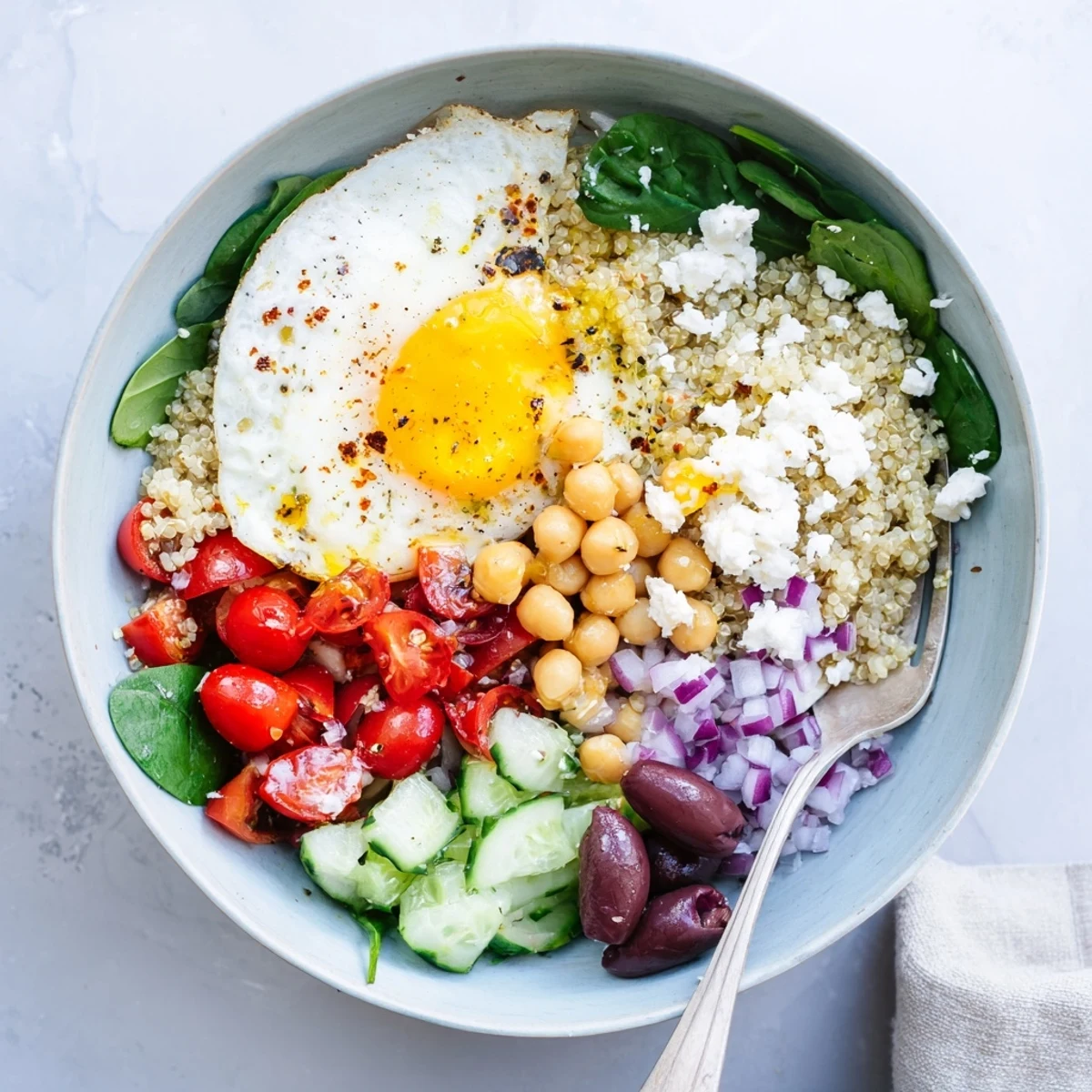 Vibrant Mediterranean Breakfast Bowls topped with a runny yolk egg, fresh tomatoes, cucumber, and Kalamata olives.