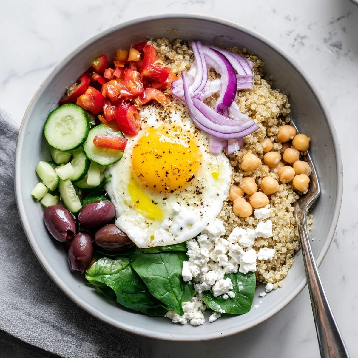 A close-up view of a Mediterranean Breakfast Bowls with creamy feta, chickpeas, and a drizzle of olive oil.