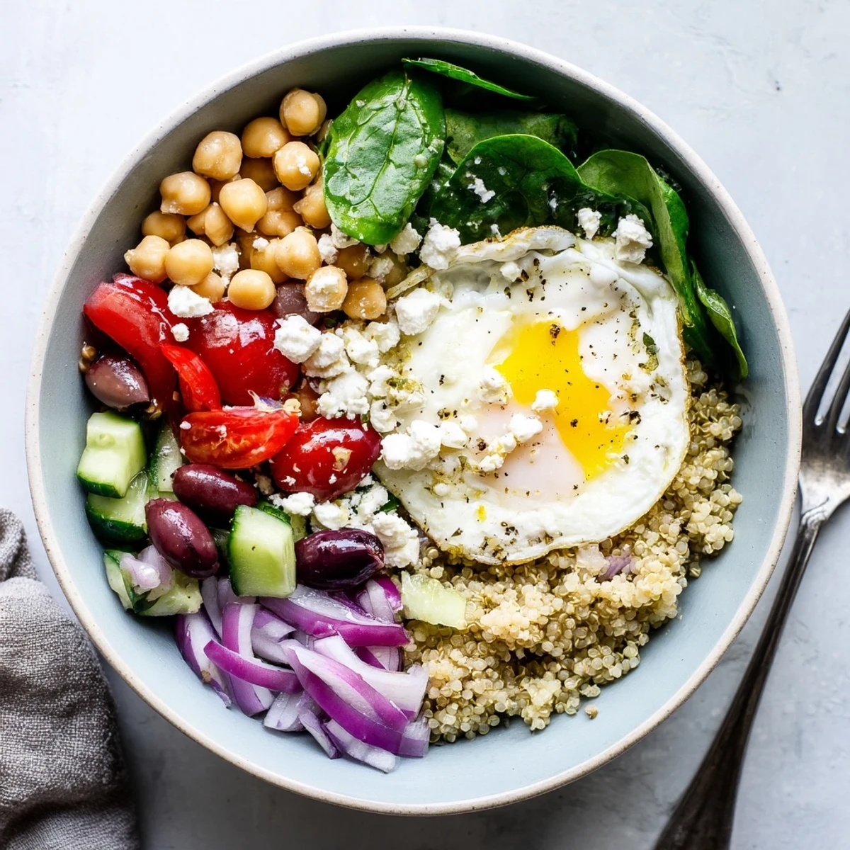 Serving suggestion for Mediterranean Breakfast Bowls with fluffy quinoa, sautéed spinach, and bright lemon herb dressing.