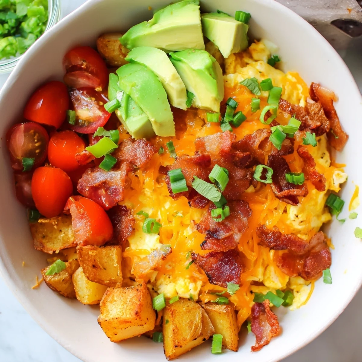 Hearty Loaded Breakfast Bowl piled high with golden roasted potatoes, crumbled bacon, two sunny-side-up eggs, juicy cherry tomatoes, shredded cheese, and cilantro, served in a white ceramic bowl.