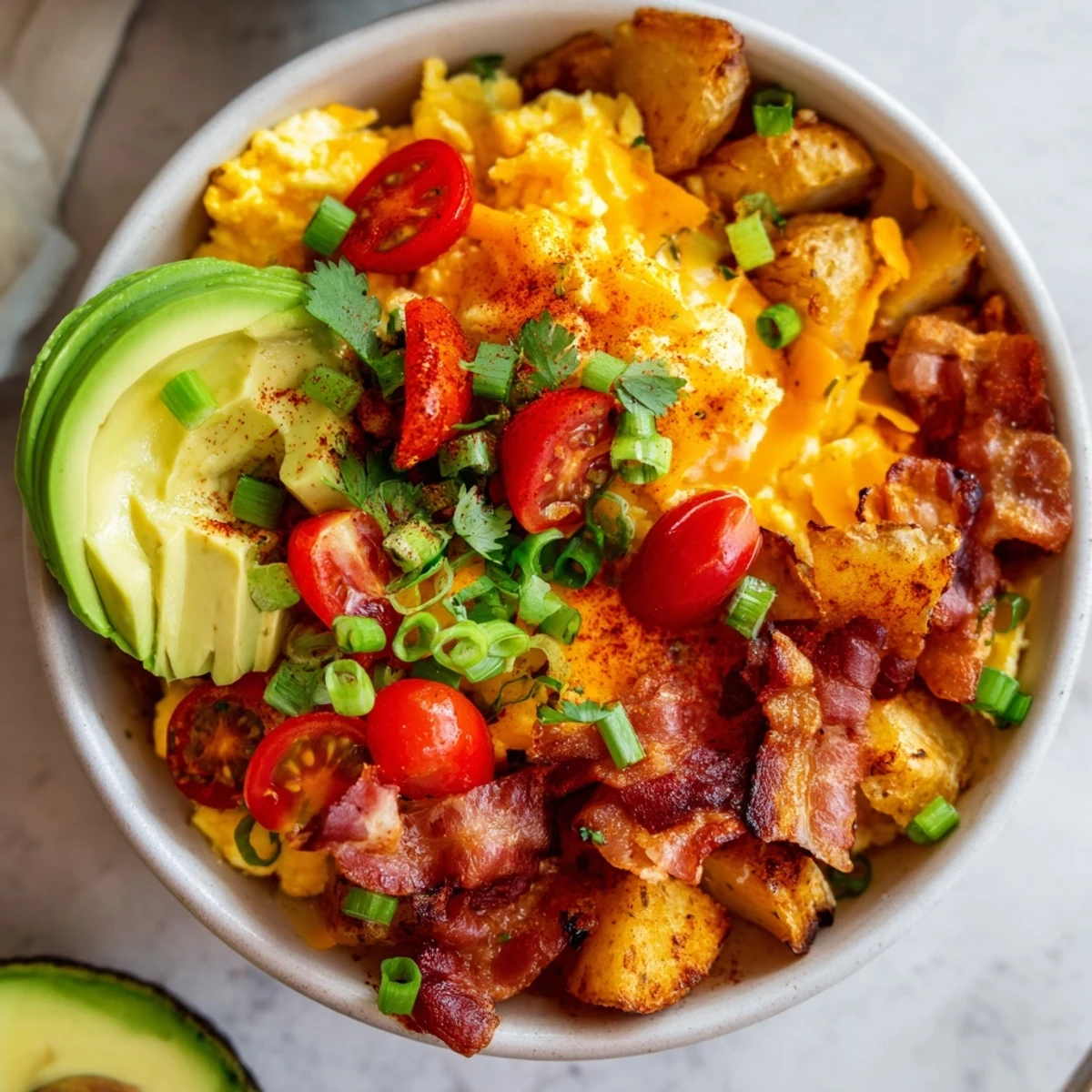 A vibrant Loaded Breakfast Bowl featuring fluffy scrambled eggs, crispy roasted potatoes, savory bacon, melted cheddar, diced avocado, and fresh green onions, all drizzled with hot sauce for a spicy kick.