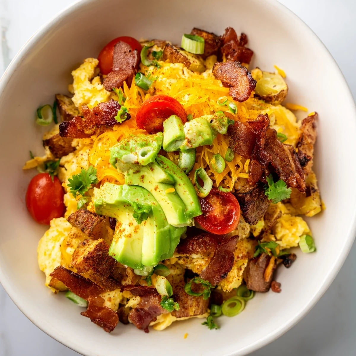 Warm Loaded Breakfast Bowl with crispy diced potatoes, soft scrambled eggs, melted cheddar cheese, smoky bacon bits, creamy avocado slices, and sliced green onions on a rustic wooden table.