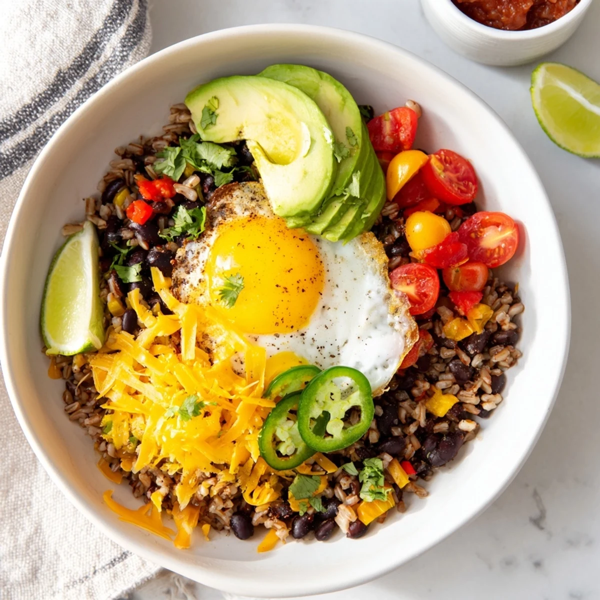 A close-up of Tex Mex Inspired Breakfast Bowls with fluffy brown rice, black beans, and a sunny fried egg.