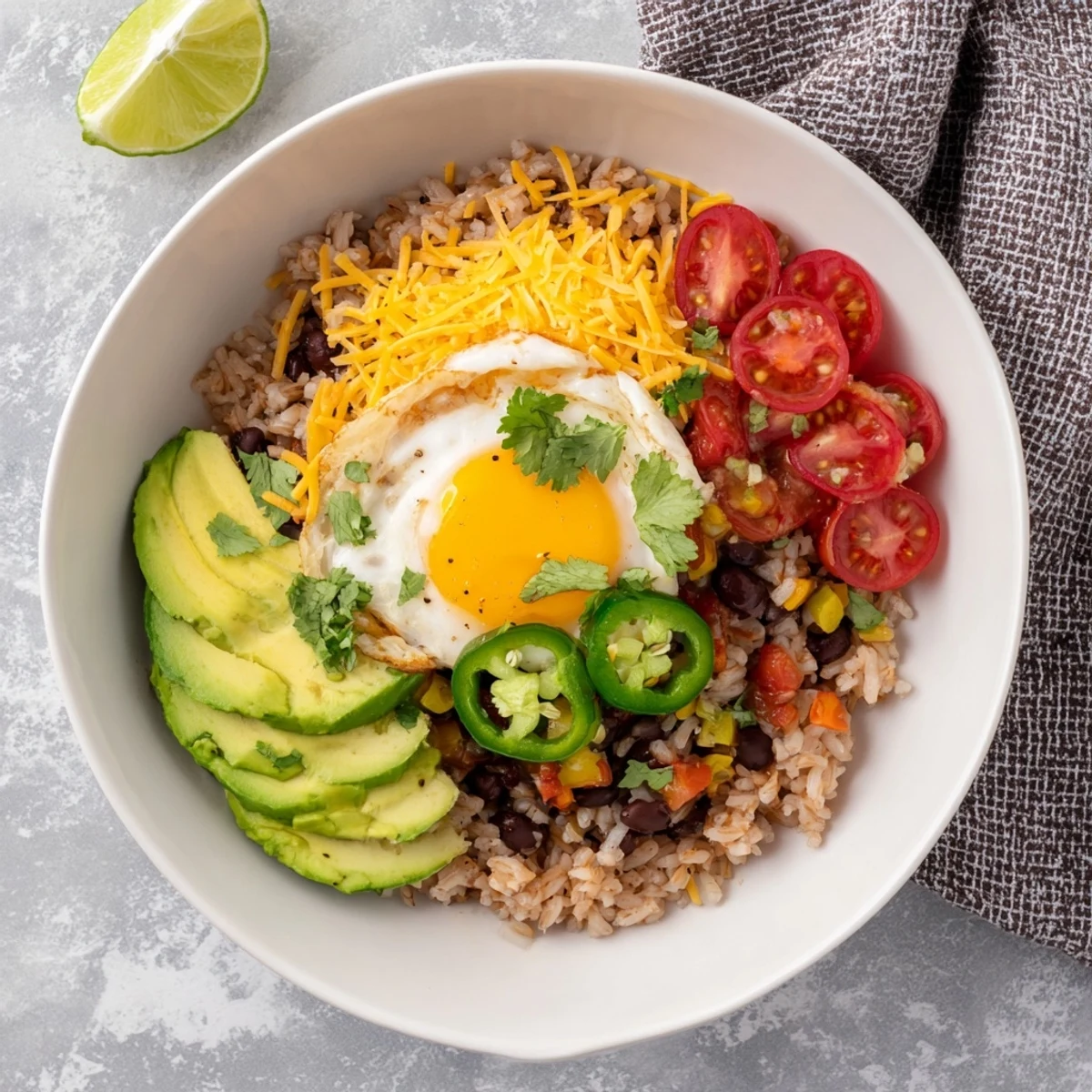 This vibrant Tex Mex Inspired Breakfast Bowl features colorful bell peppers, creamy avocado, and spicy jalapeño slices.