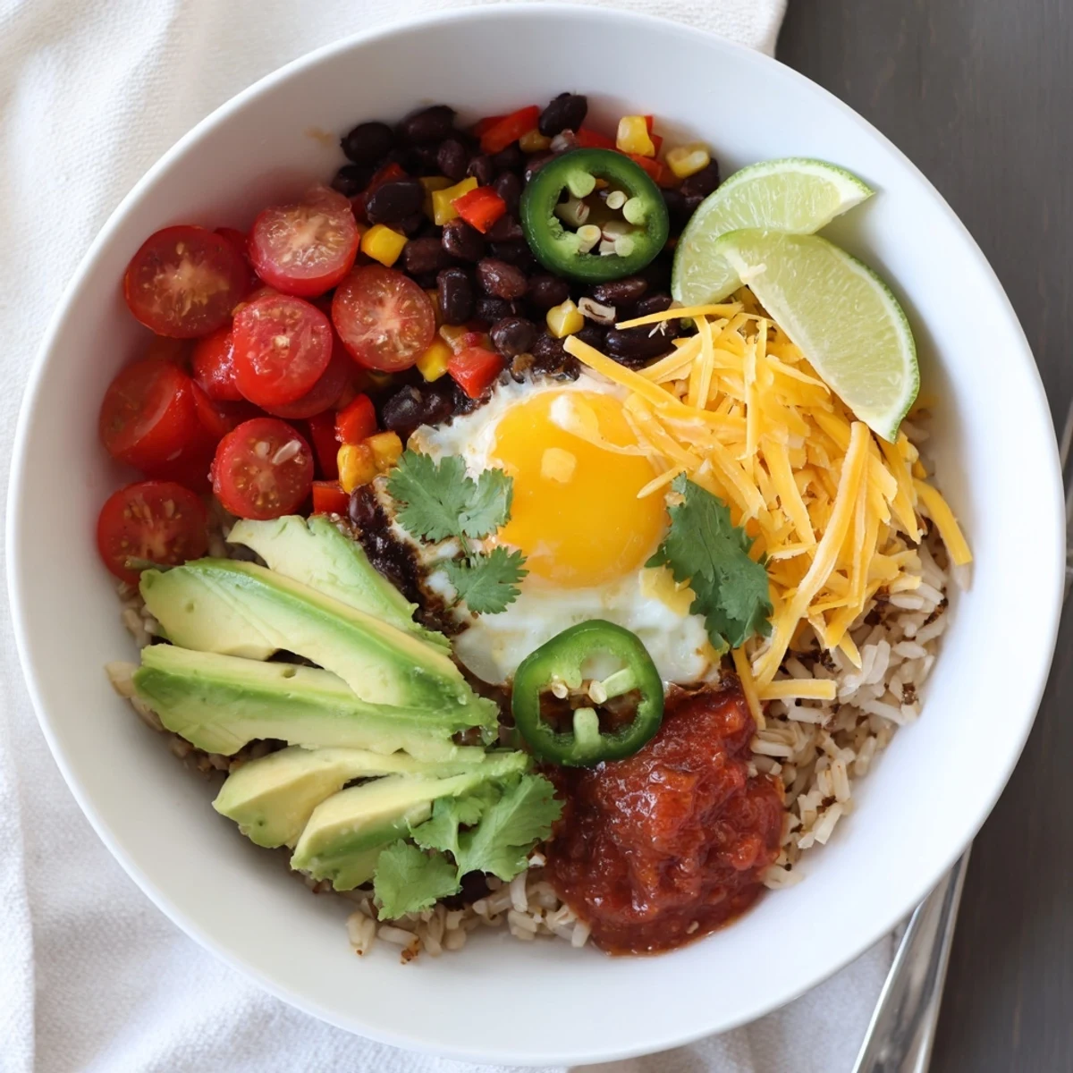 Top-down view of Tex Mex Inspired Breakfast Bowls, garnished with cilantro, cheddar cheese, and a dollop of salsa.
