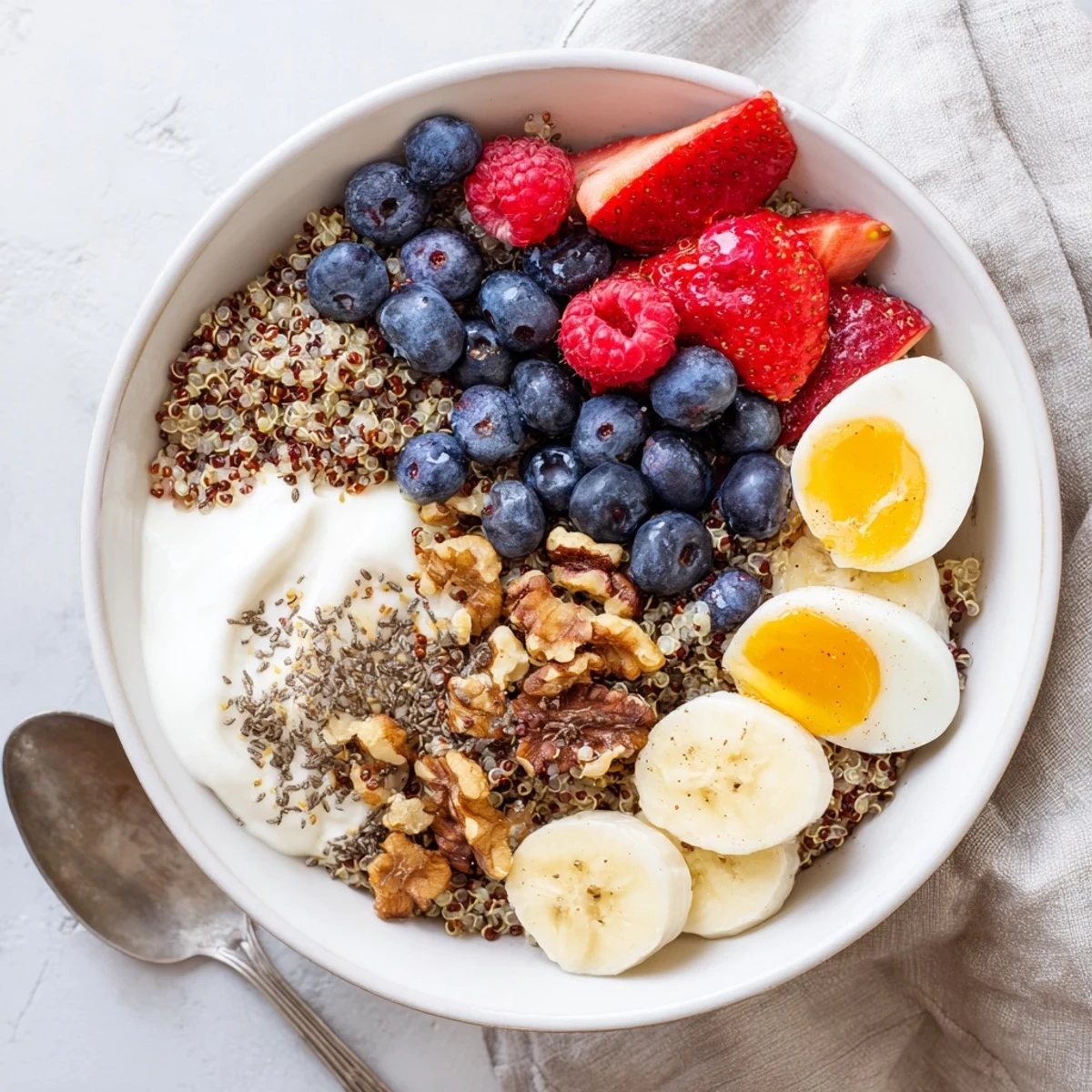 Freshly cooked quinoa topped with Greek yogurt, sliced eggs, mixed berries, banana, and crunchy nuts in the Dietitians Balanced Breakfast Bowl.