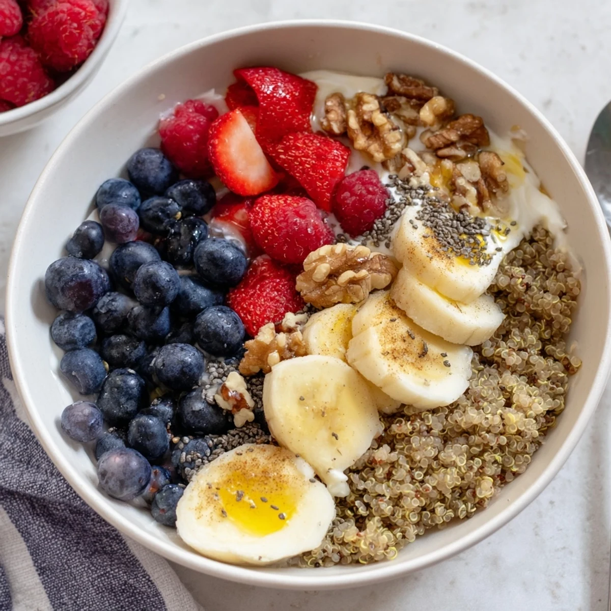 In the Dietitians Balanced Breakfast Bowl, warm grains meet creamy yogurt and fresh fruit for a bright, nourishing morning meal.