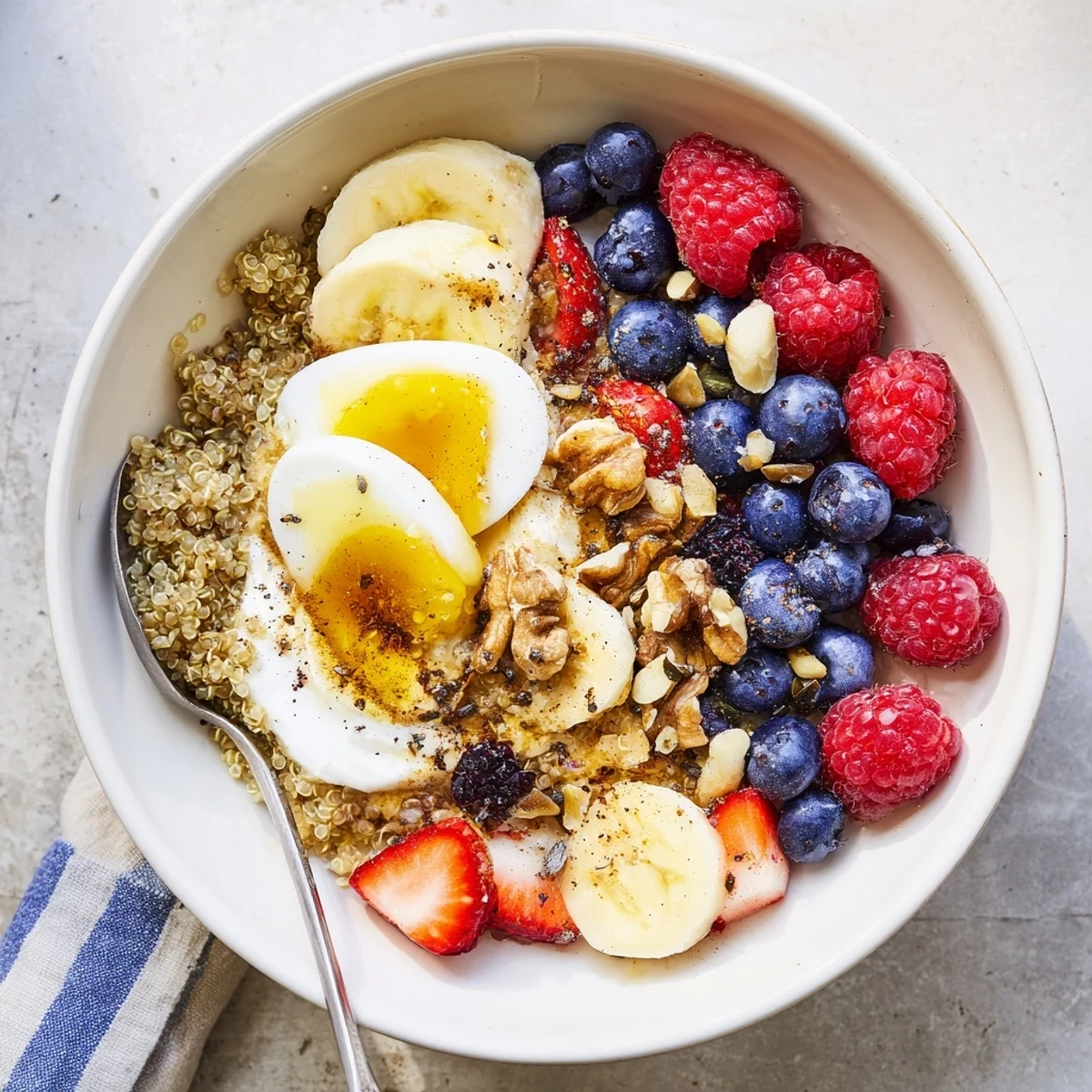 Enjoy a colorful Dietitians Balanced Breakfast Bowl with chia seeds, walnuts, and honey drizzle, paired with coffee for an energizing start.