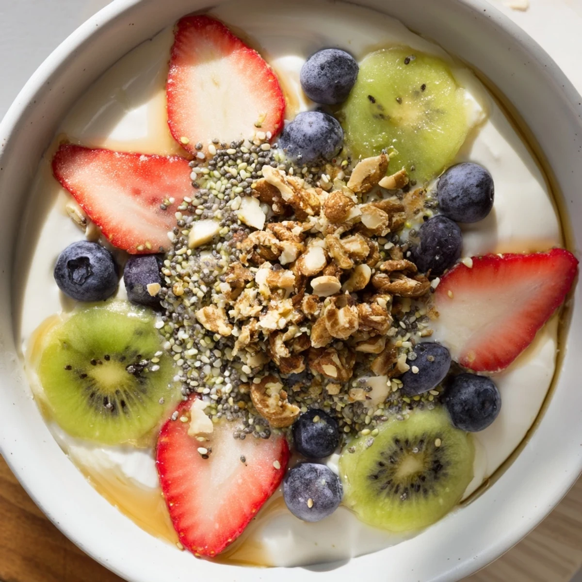 Close-up of a colorful Healthy Breakfast Bowl with creamy Greek yogurt, sliced bananas and strawberries, blueberries, kiwi, granola, and a drizzle of honey.
