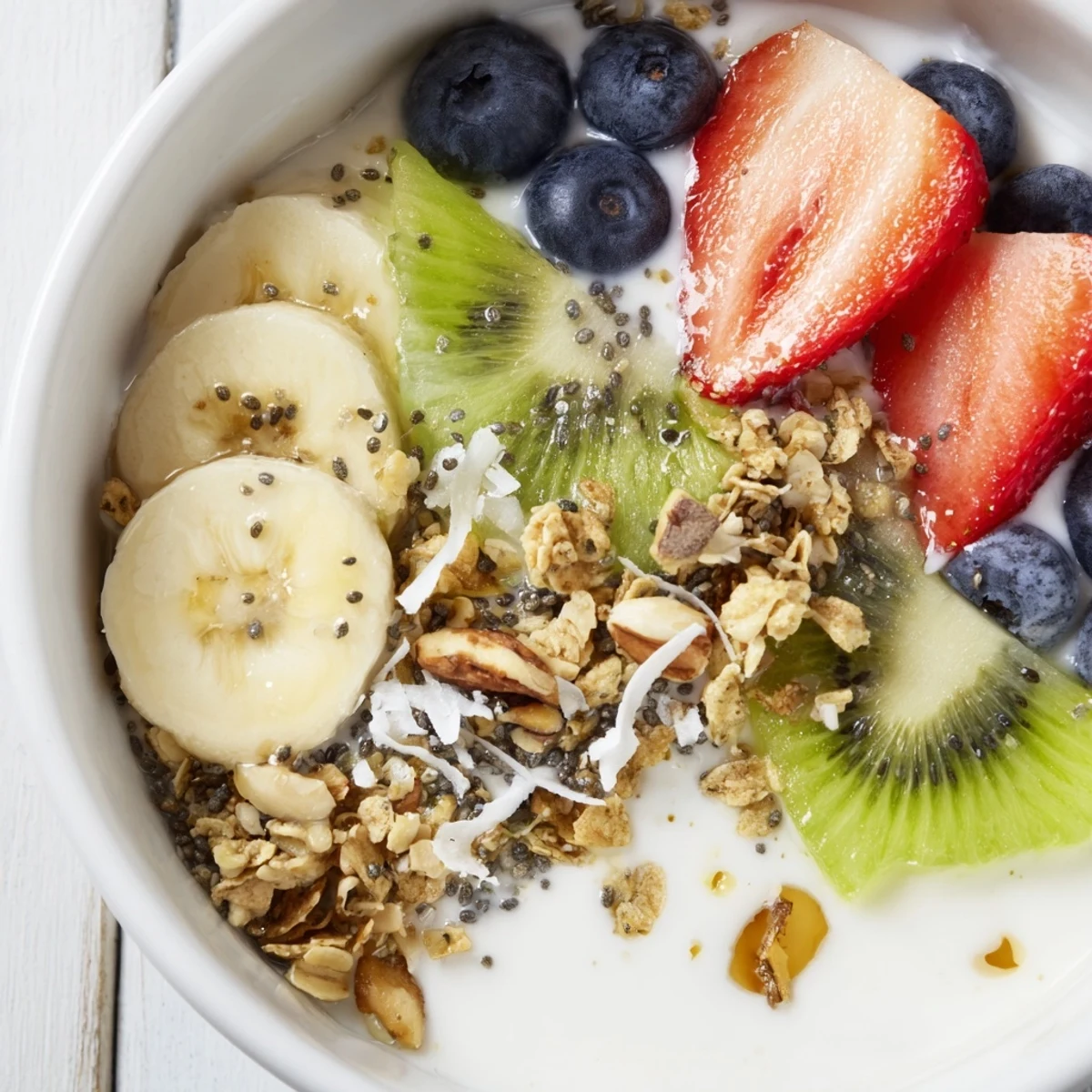 Overhead view of a Healthy Breakfast Bowl featuring layered yogurt, chia seeds, vibrant fruits, and a honey drizzle, ready to enjoy with a spoon.