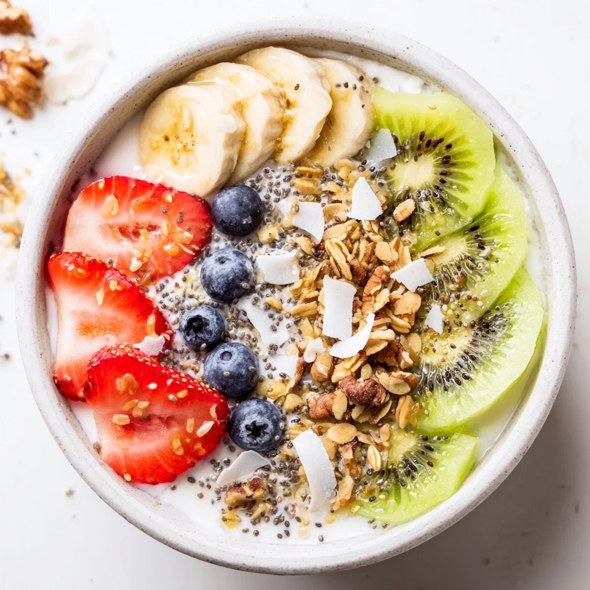 A freshly made Healthy Breakfast Bowl topped with crunchy granola, chopped nuts, and fresh fruit, served in a white ceramic bowl for a bright morning.