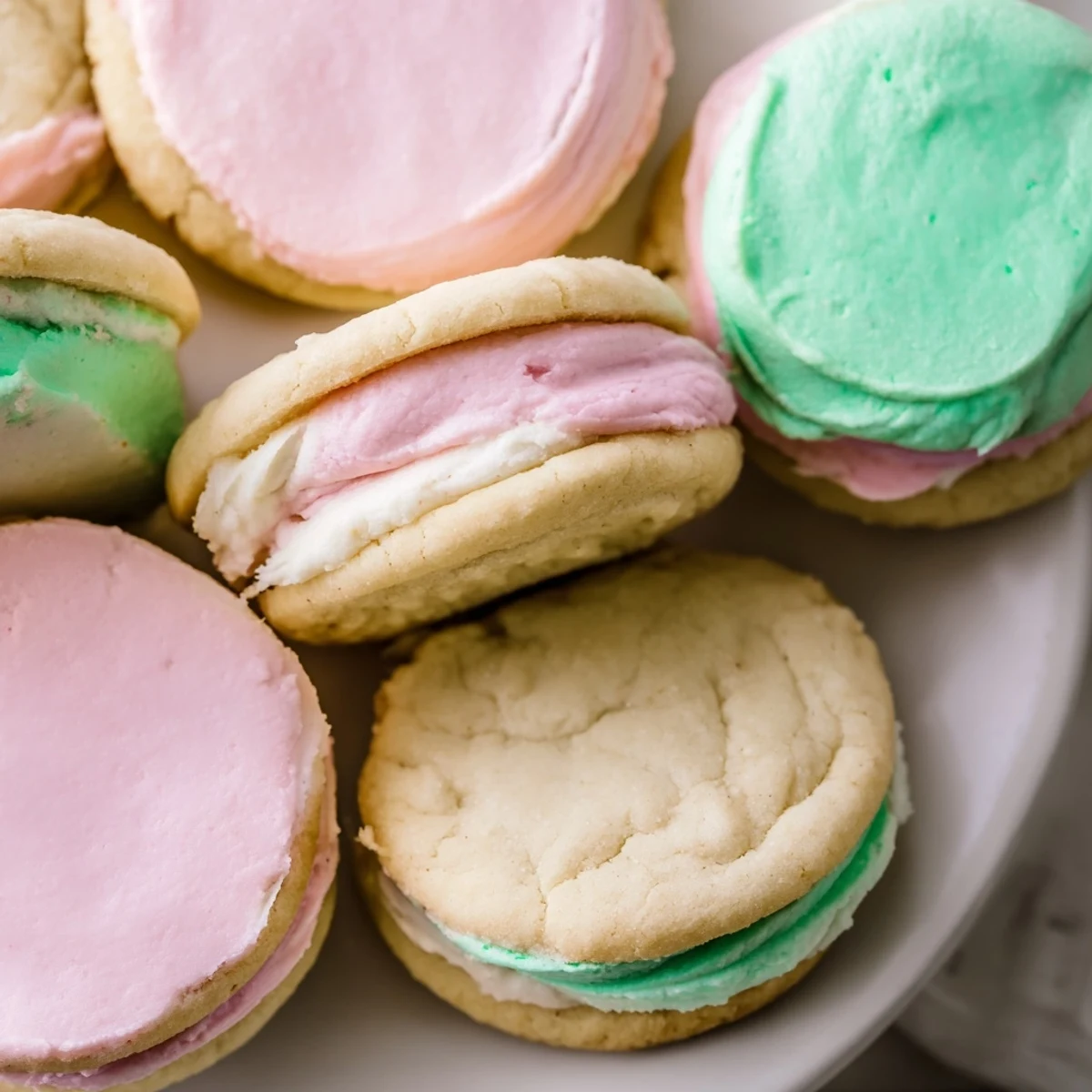 Pastel sugar cookie sandwiches stacked high, showing layers of pastel buttercream and round cookie shapes.
