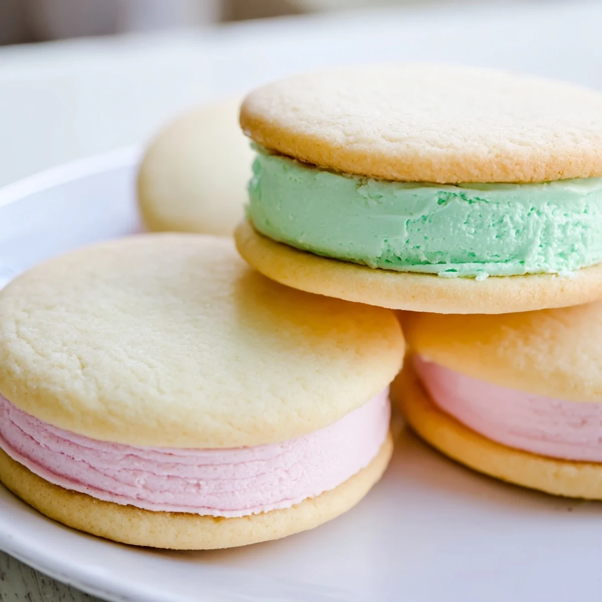 Soft, pastel-colored buttercream filling sandwiched between delicate, homemade sugar cookies on a white plate.
