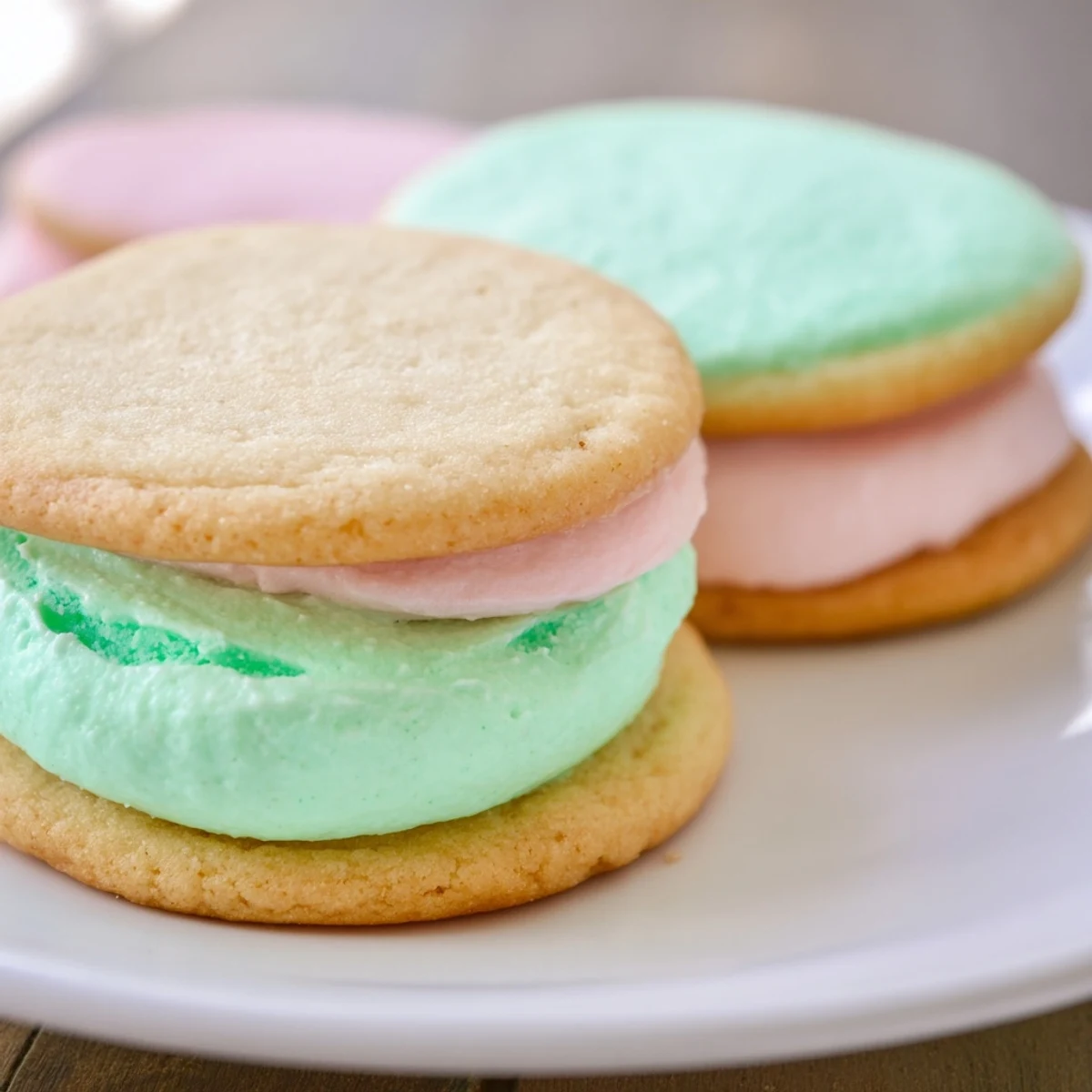 Pastel sugar cookie sandwiches arranged on a wooden board, perfect for spring parties or celebrations.