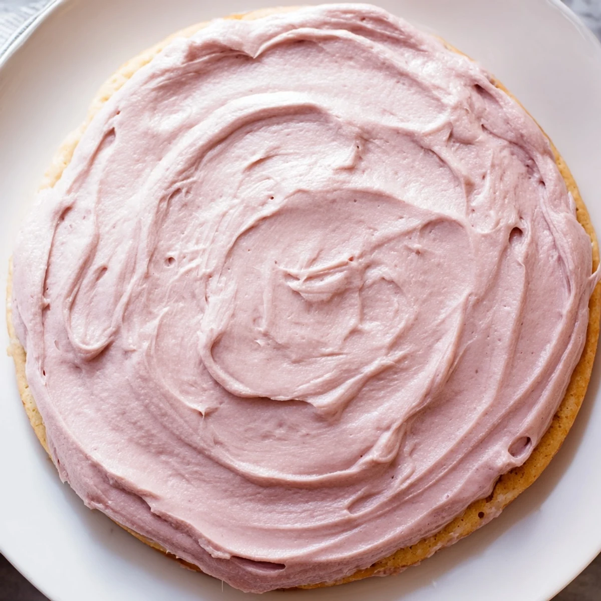 A close-up of a giant chilled Crumbl sugar cookie with smooth pink vanilla frosting and soft, thick edges.