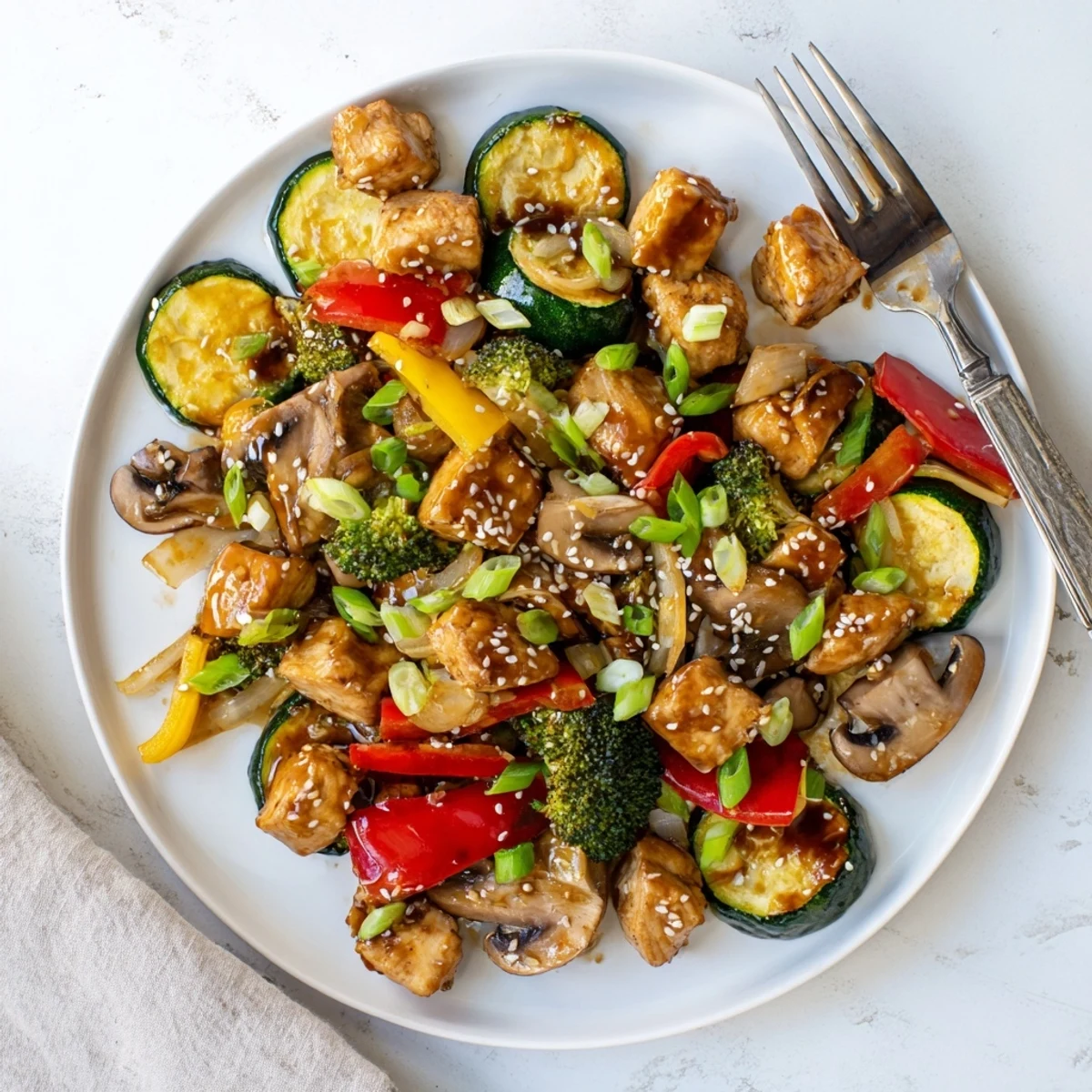 Golden-brown chicken cubes and vibrant vegetables from the Perfect Easy Air Fryer Hibachi Chicken & Vegetables glisten with savory sauce. 