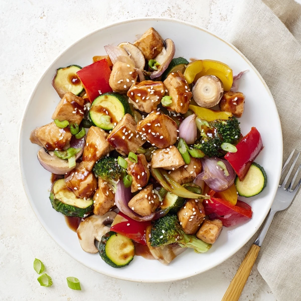 Freshly cooked Perfect Easy Air Fryer Hibachi Chicken & Vegetables showcases juicy chicken and crisp-tender broccoli on a platter. 