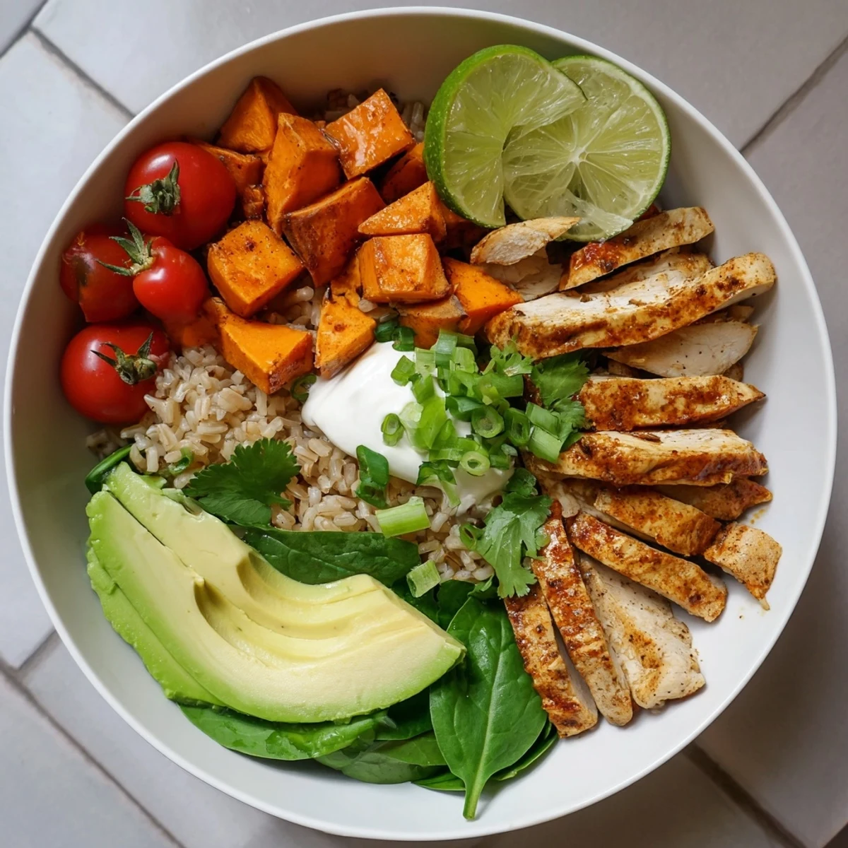 Warm roasted chicken strips and sweet potato cubes sit atop fluffy brown rice in a colorful bowl, garnished with avocado and fresh cilantro in this wholesome chicken sweet potato rice bowl.