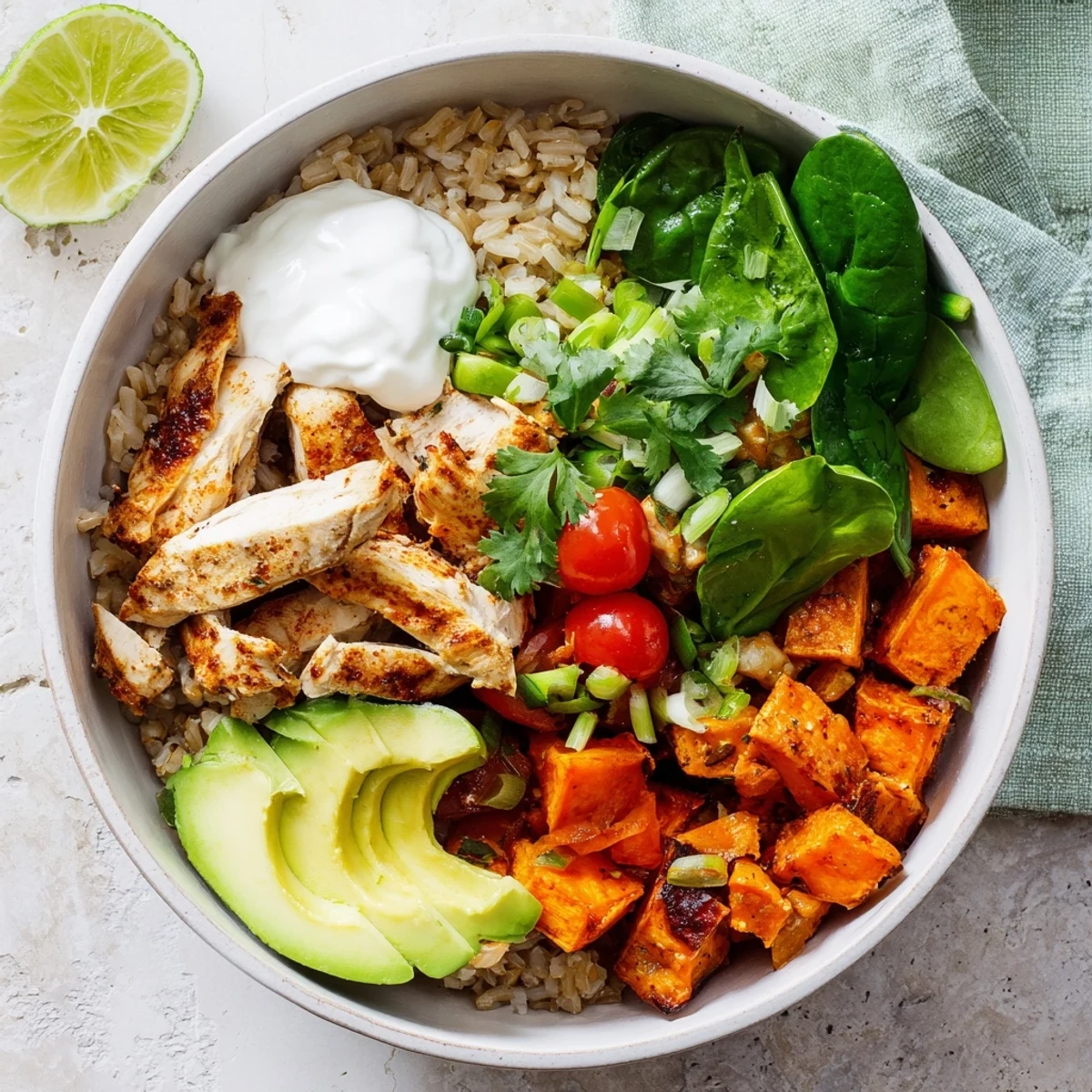 In this wholesome chicken sweet potato rice bowl, golden brown rice and roasted vegetables are topped with sliced avocado and a fresh squeeze of lime.