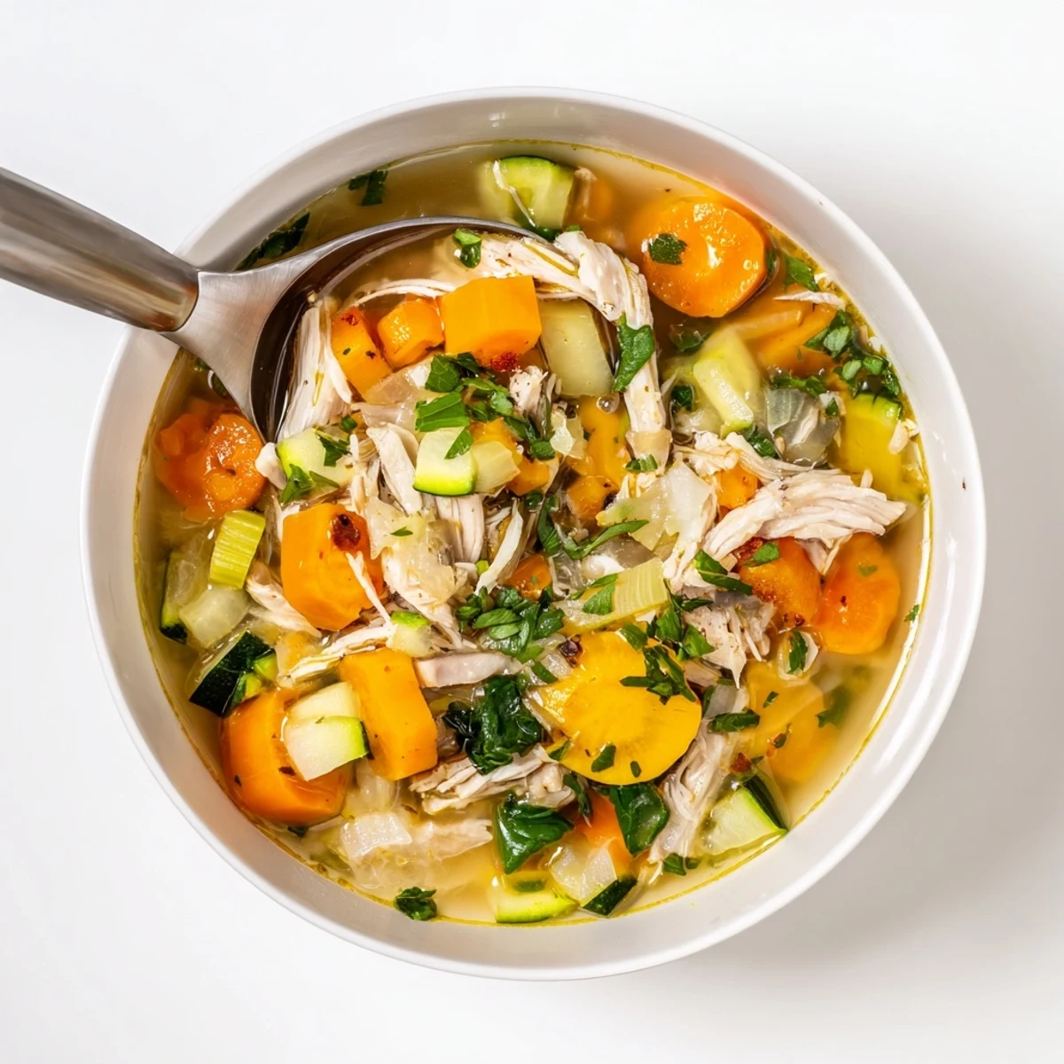 In a white pot, The Best Healing Chicken Soup simmers with celery, onions, and fresh parsley, ready to nourish.