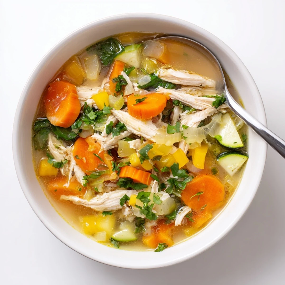 A steaming bowl of The Best Healing Chicken Soup, with tender shredded chicken, carrots, spinach, and a golden turmeric broth.