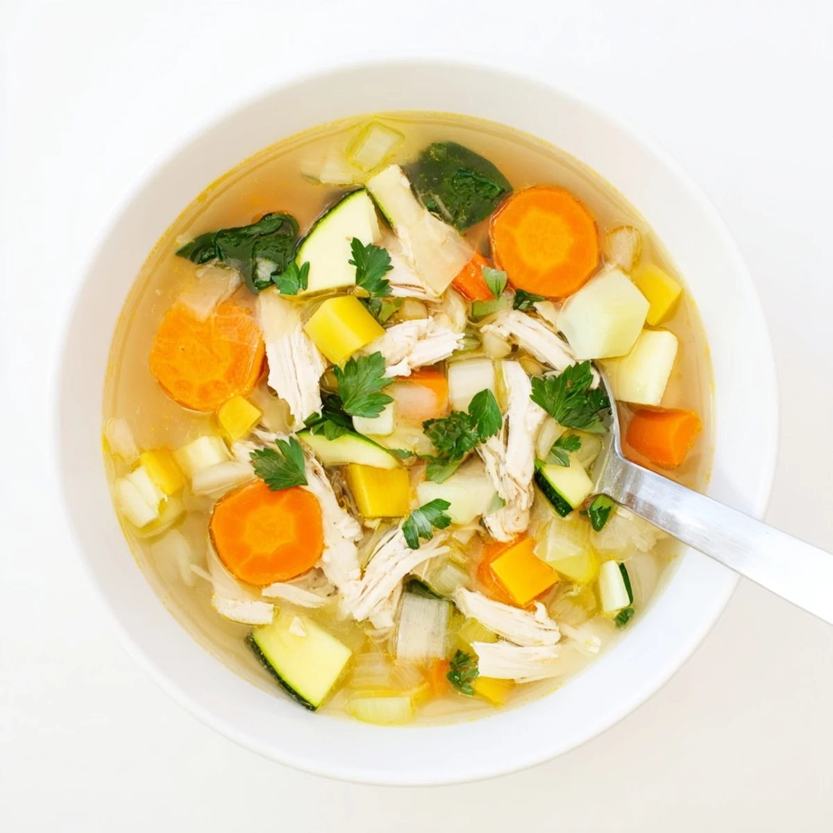 Close-up of The Best Healing Chicken Soup in a rustic bowl, garnished with lemon and herbs, perfect for cozy nights.