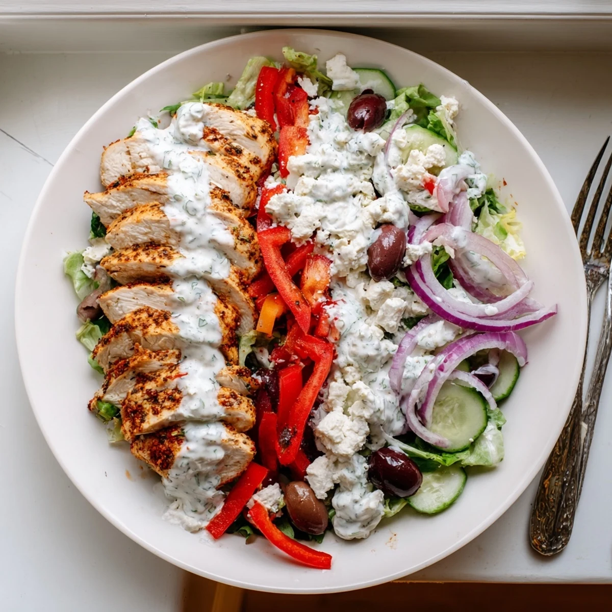 Grilled sliced chicken over salad greens with cherry tomatoes and feta in creamy tzatziki chicken salad.
