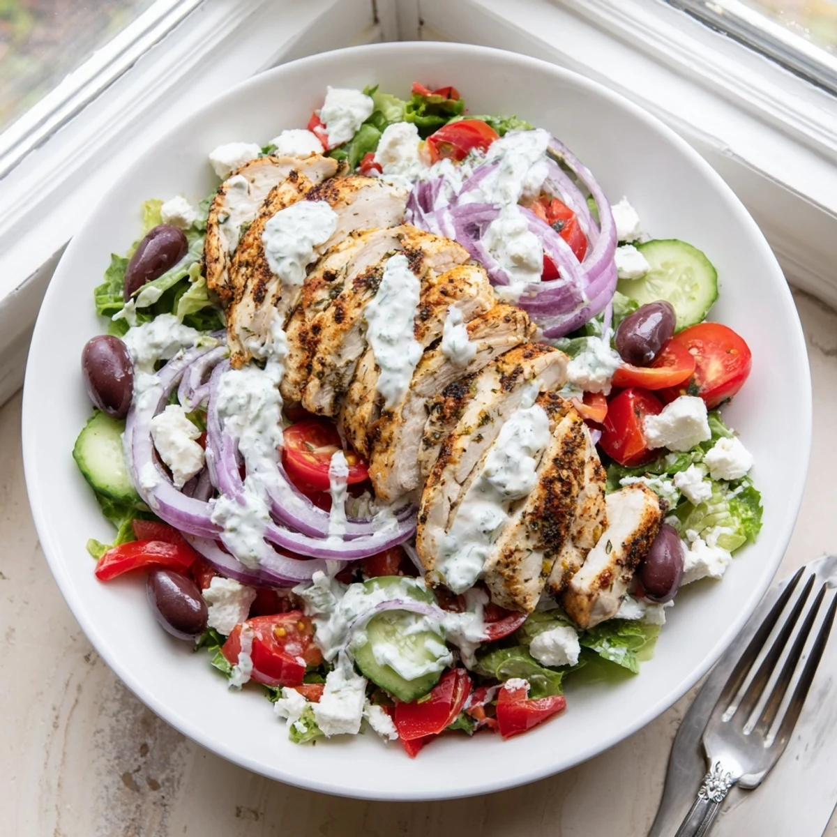 Served chilled tzatziki chicken salad with red onion, Kalamata olives, and crumbled feta for a fresh lunch.