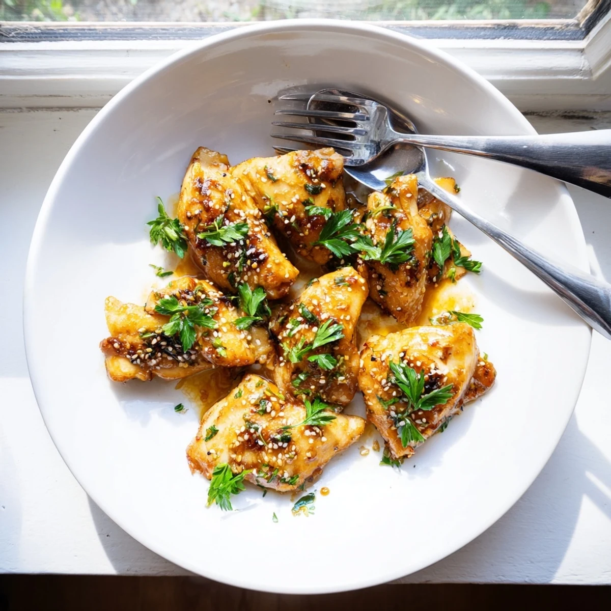 Golden-brown Honey Butter Chicken pieces glistening in a sweet and savory sauce, served over a bed of fluffy white rice with fresh parsley garnish.