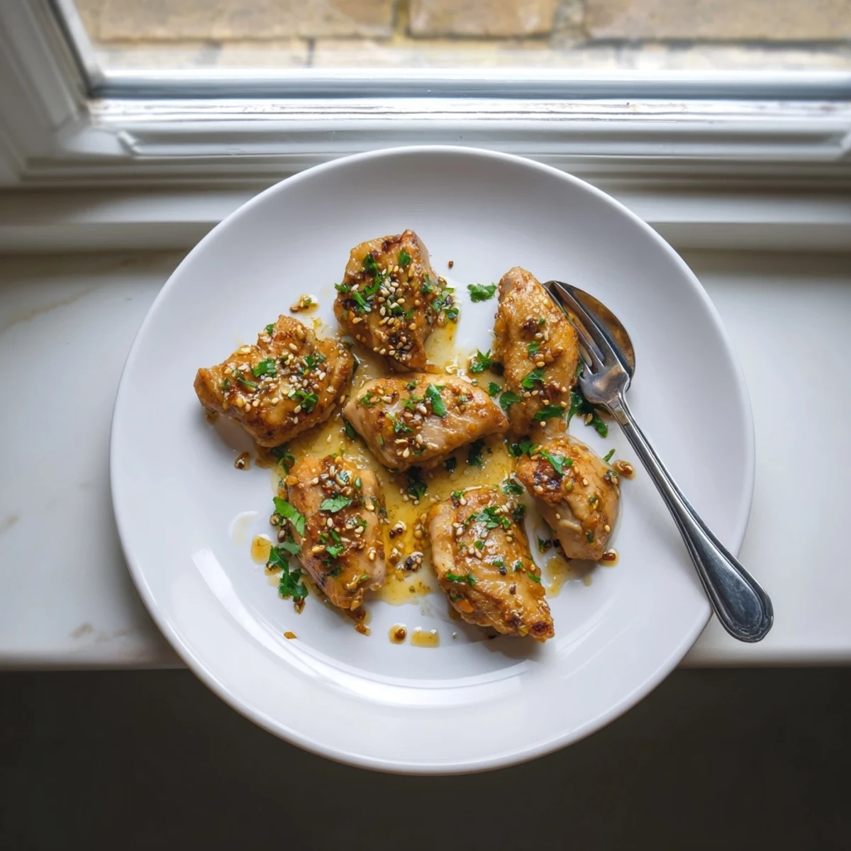 Succulent chicken coated in Honey Butter Chicken glaze with a hint of spice, garnished with sesame seeds and served alongside a fresh garden salad.