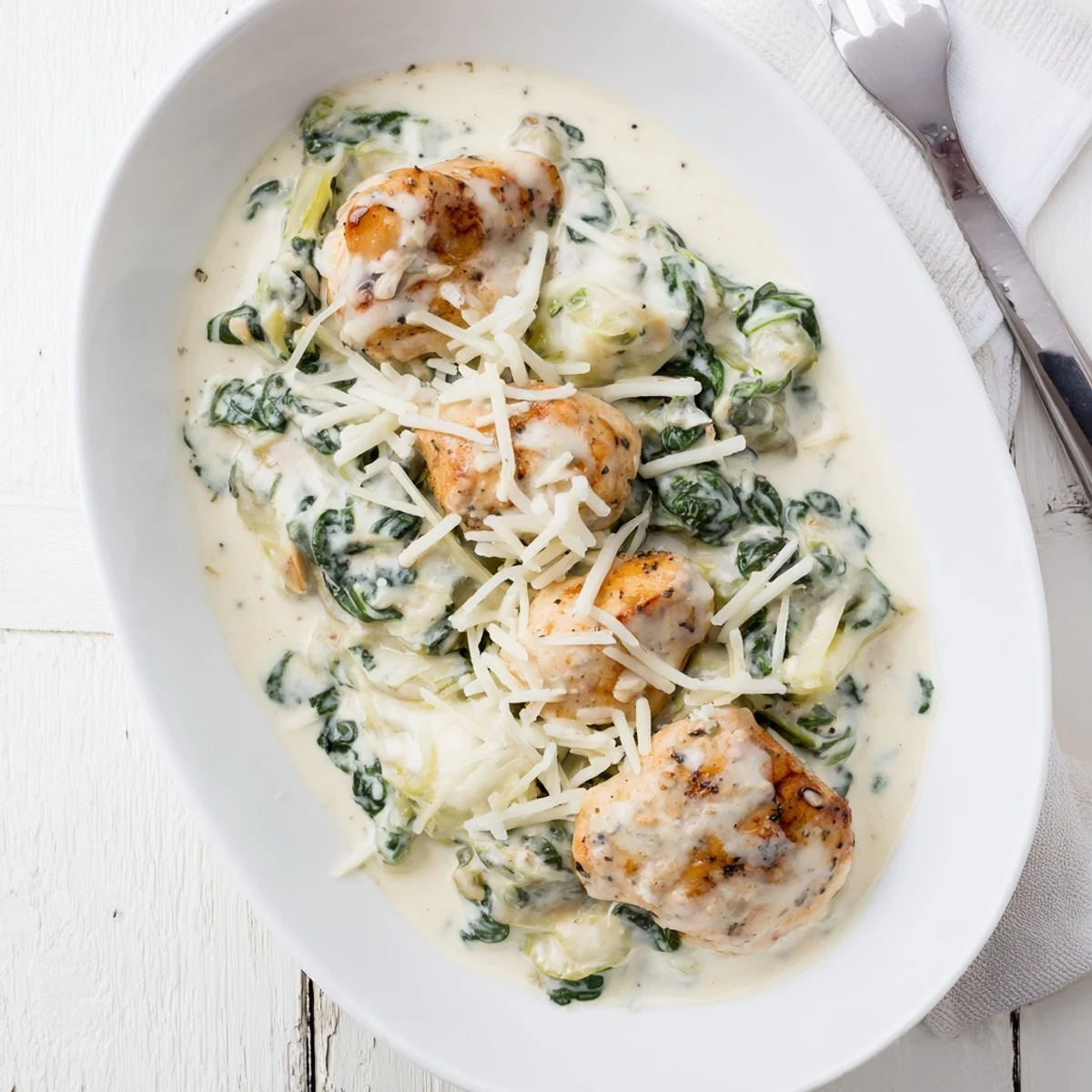 Tender chicken breasts baked with wilted spinach, tangy artichokes, and a rich cottage cheese sauce in a bubbling oven-safe skillet.