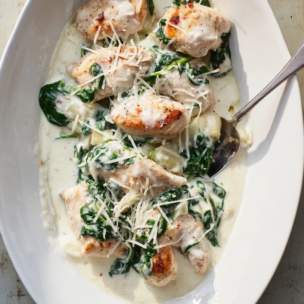 Golden-brown seared chicken breasts nestled in a creamy spinach and artichoke cottage cheese sauce, topped with melted mozzarella and served in a rustic skillet.