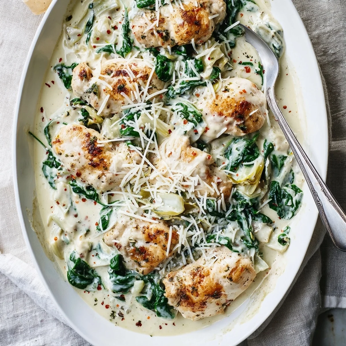 Plated spinach artichoke chicken with cottage cheese, garnished with fresh herbs and served alongside quinoa for a complete weeknight dinner.
