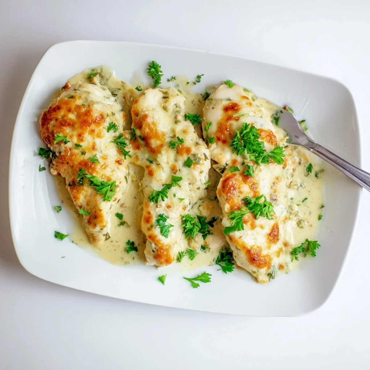 A close-up of Creamy Parmesan Baked Caesar Chicken served on a white plate with a fresh side salad for a complete dinner.