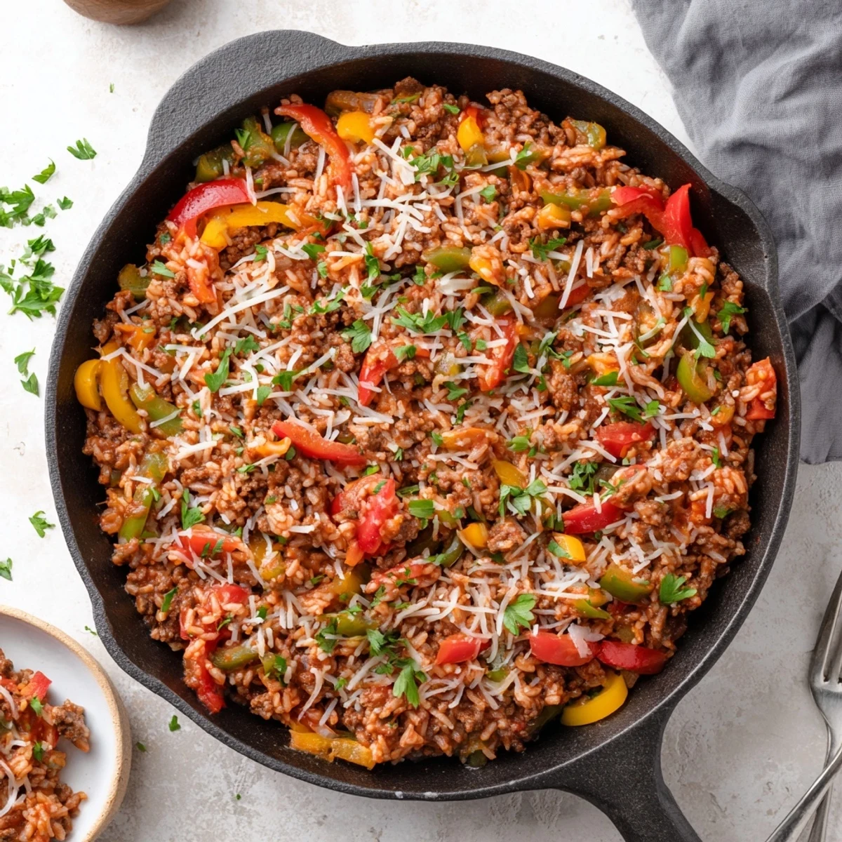 A close-up of Unstuffed Pepper Skillet in a cast iron pan with melted mozzarella on top. 