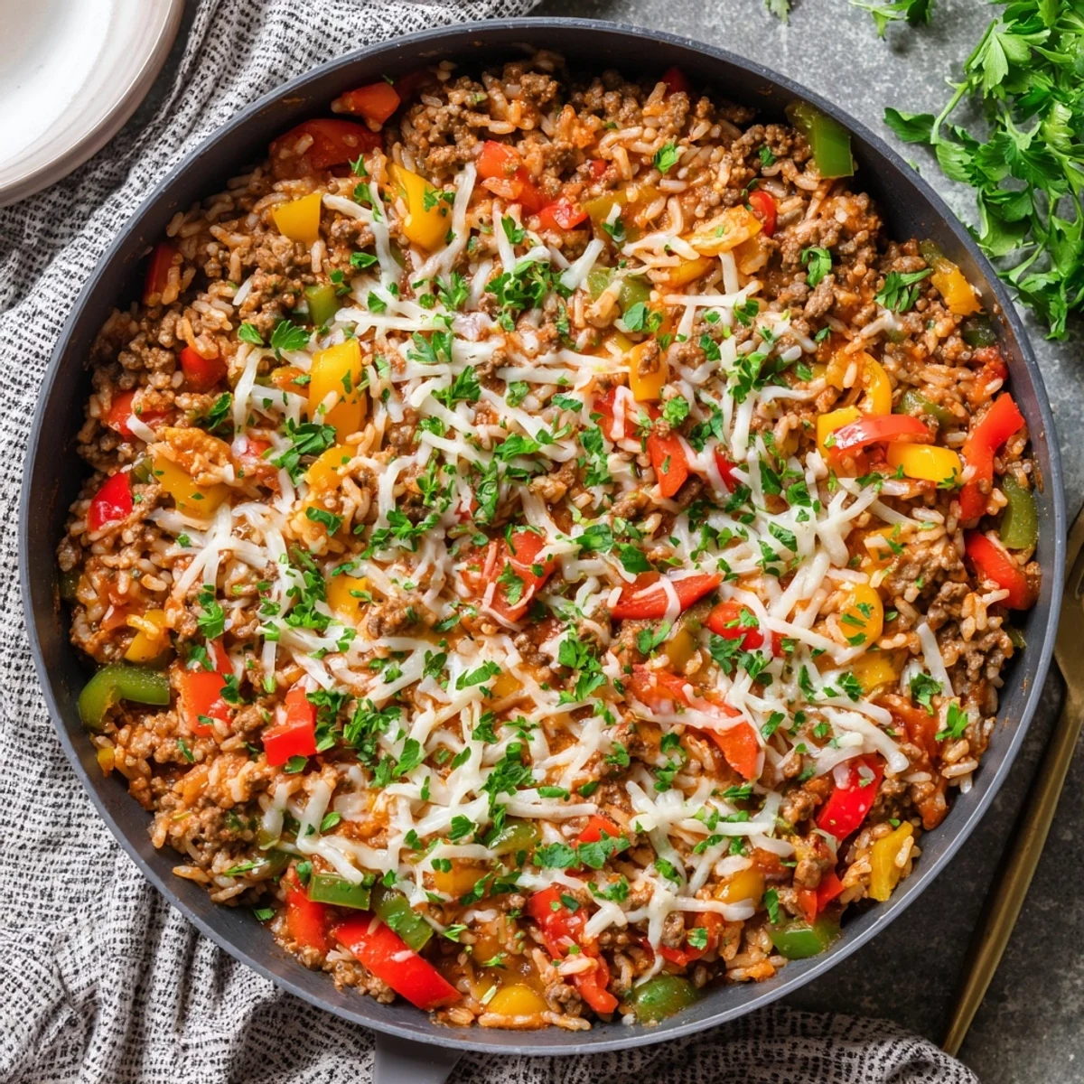Hearty Unstuffed Pepper Skillet simmering with ground beef, colorful bell peppers, and fluffy rice. 