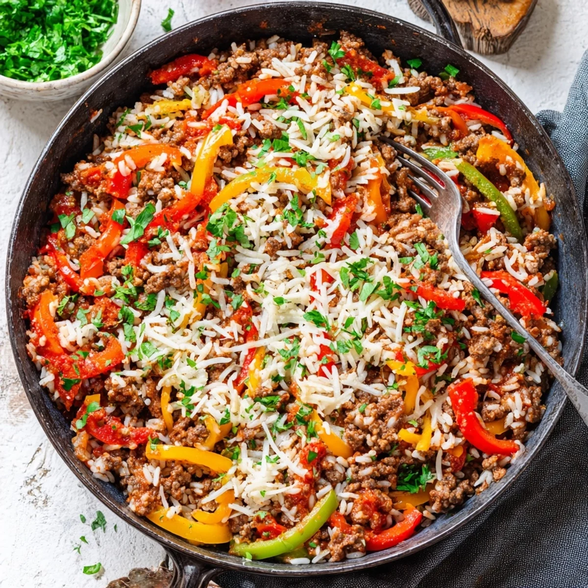 Serving suggestion for Unstuffed Pepper Skillet garnished with fresh parsley on a rustic wooden table.