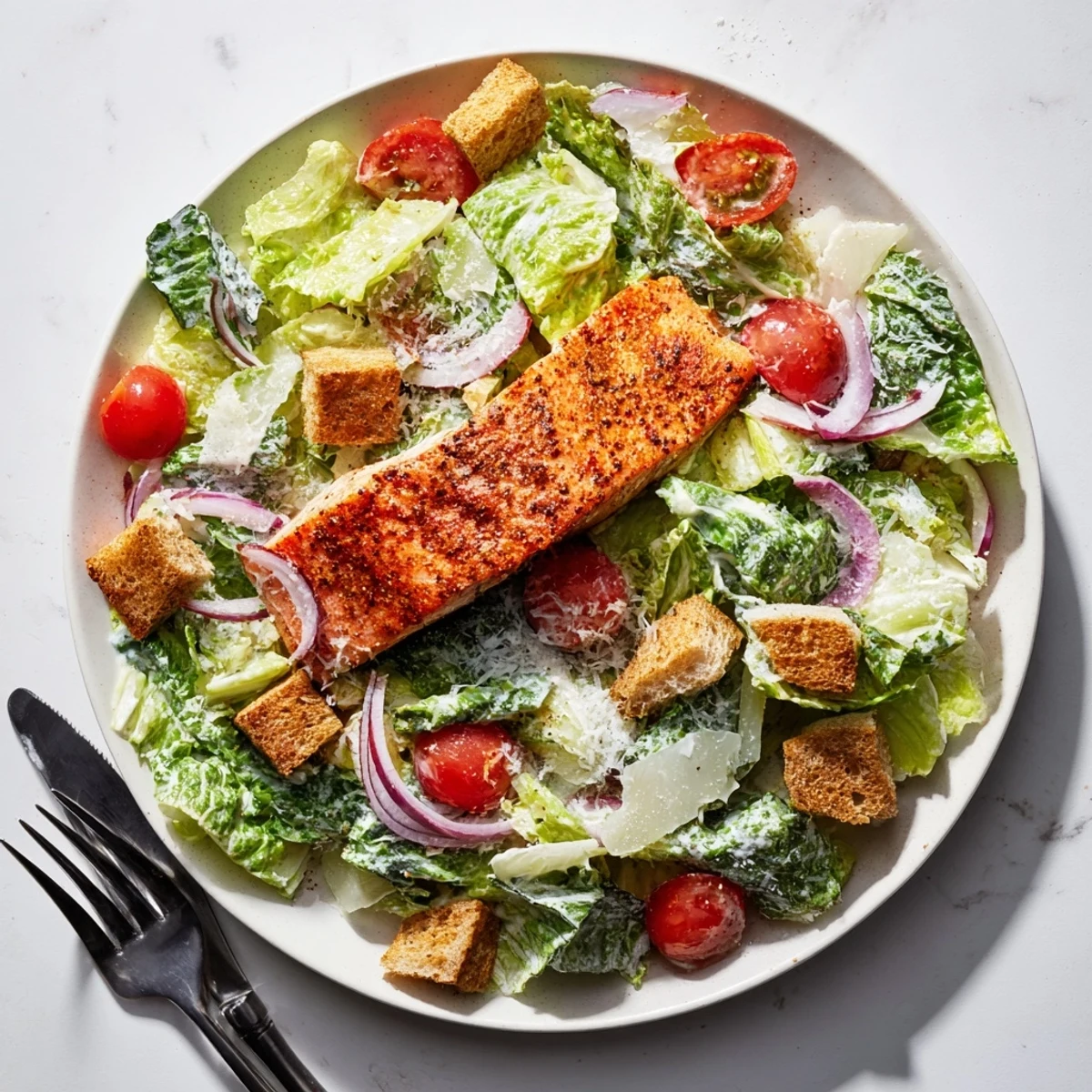 Vibrant salmon Caesar salad with grilled fish, creamy dressing, red onion, and golden croutons for dinner